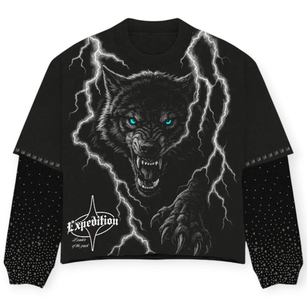 Premium Milano Men Wolf Rhinestone Layer Long Sleeve Shirt (Black Washed)-Black Washed-Medium-Nexus Clothing