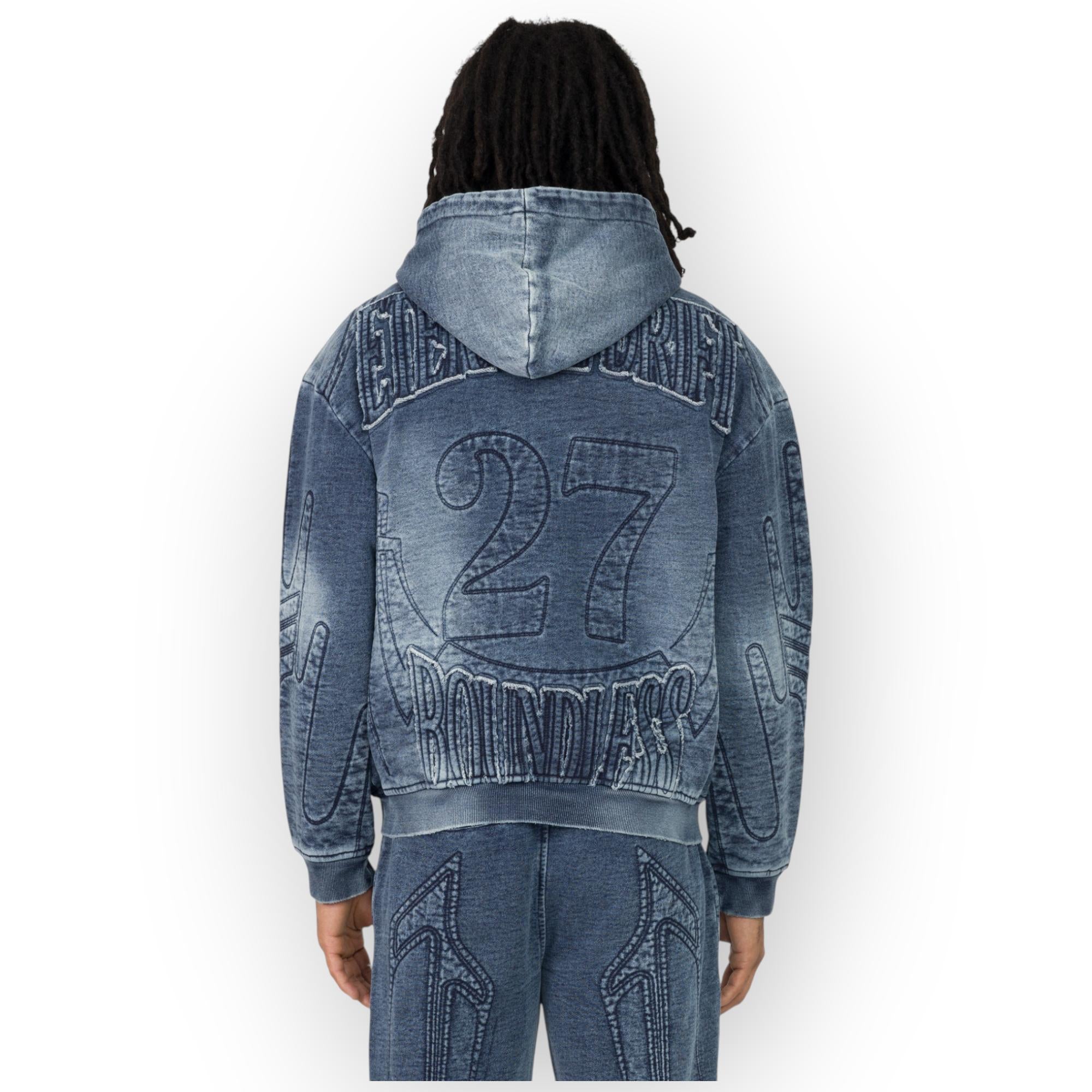 Smoke Rise Men Denim Embossed Fleece Zip-Up Hoodie (Finn Blue)