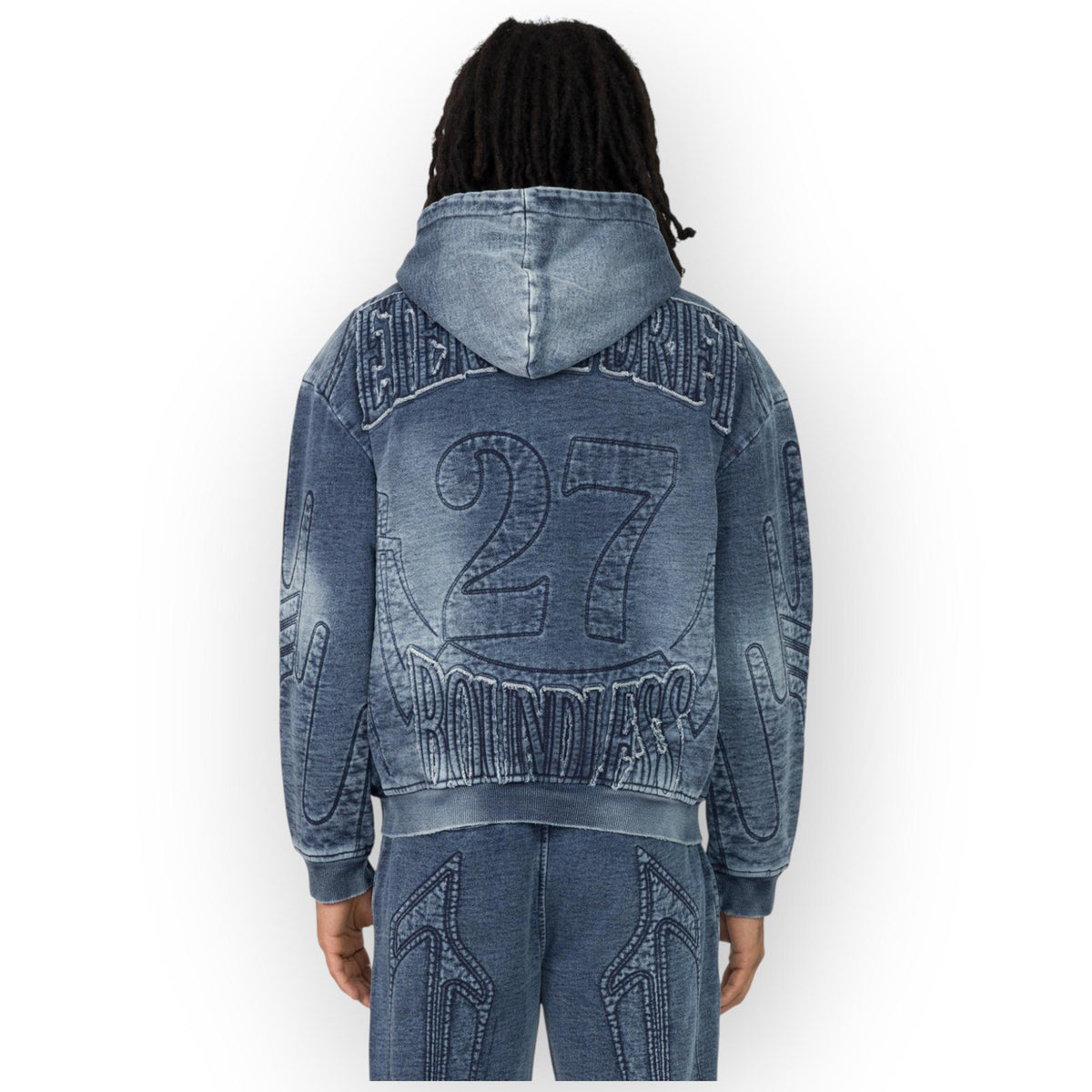 Smoke Rise Men Denim Embossed Fleece Zip-Up Hoodie (Finn Blue)