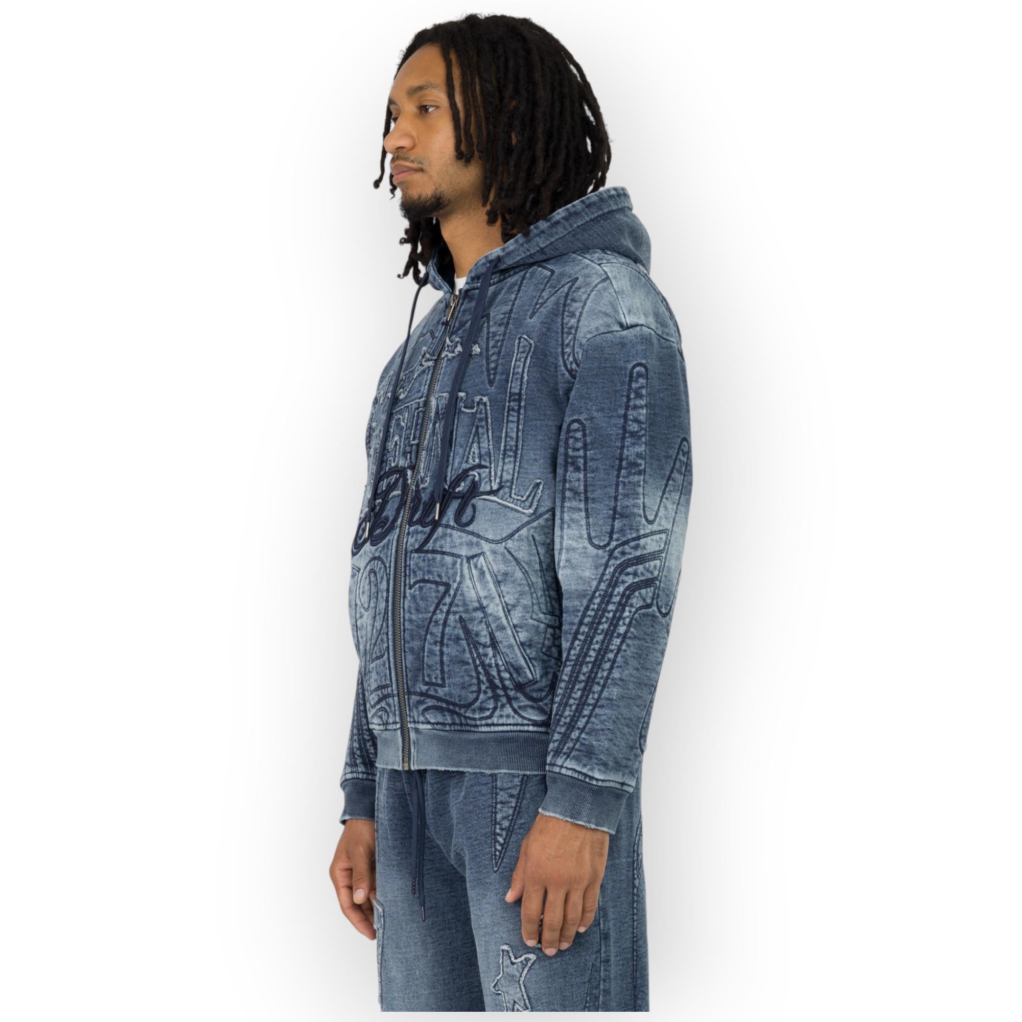 Smoke Rise Men Denim Embossed Fleece Zip-Up Hoodie (Finn Blue)