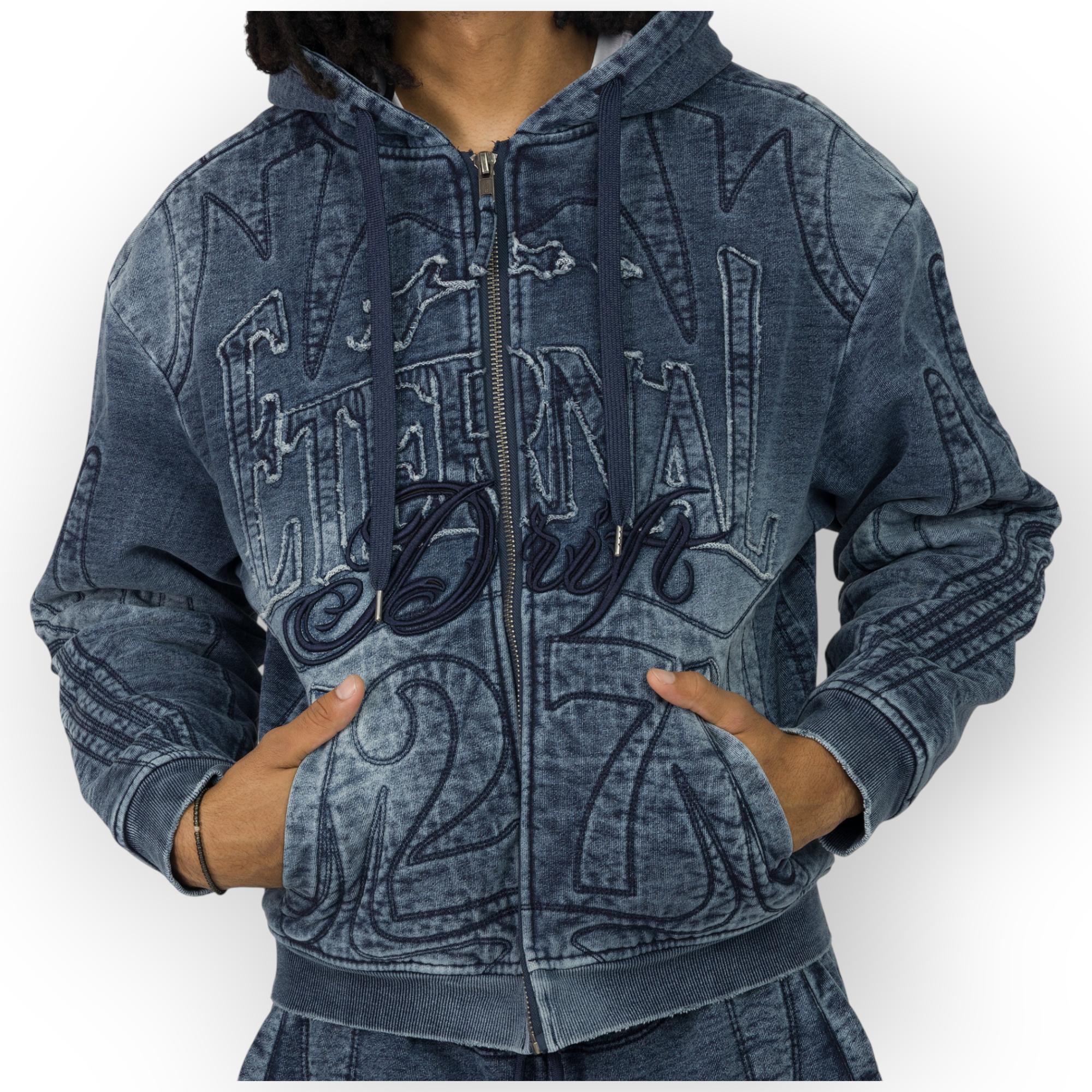 Smoke Rise Men Denim Embossed Fleece Zip-Up Hoodie (Finn Blue)