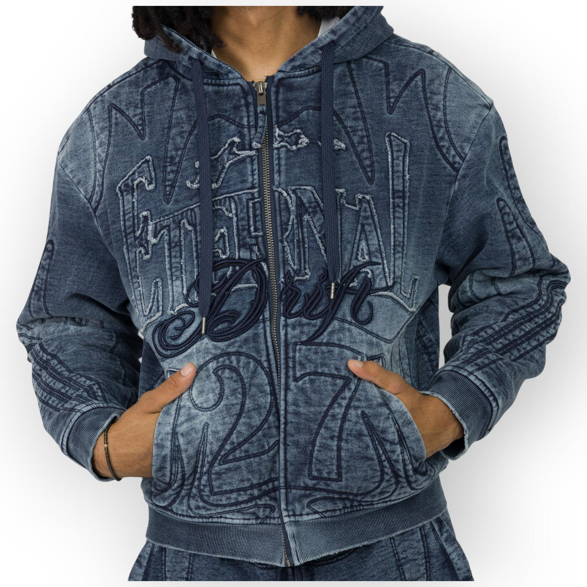 Smoke Rise Men Denim Embossed Fleece Zip-Up Hoodie (Finn Blue)