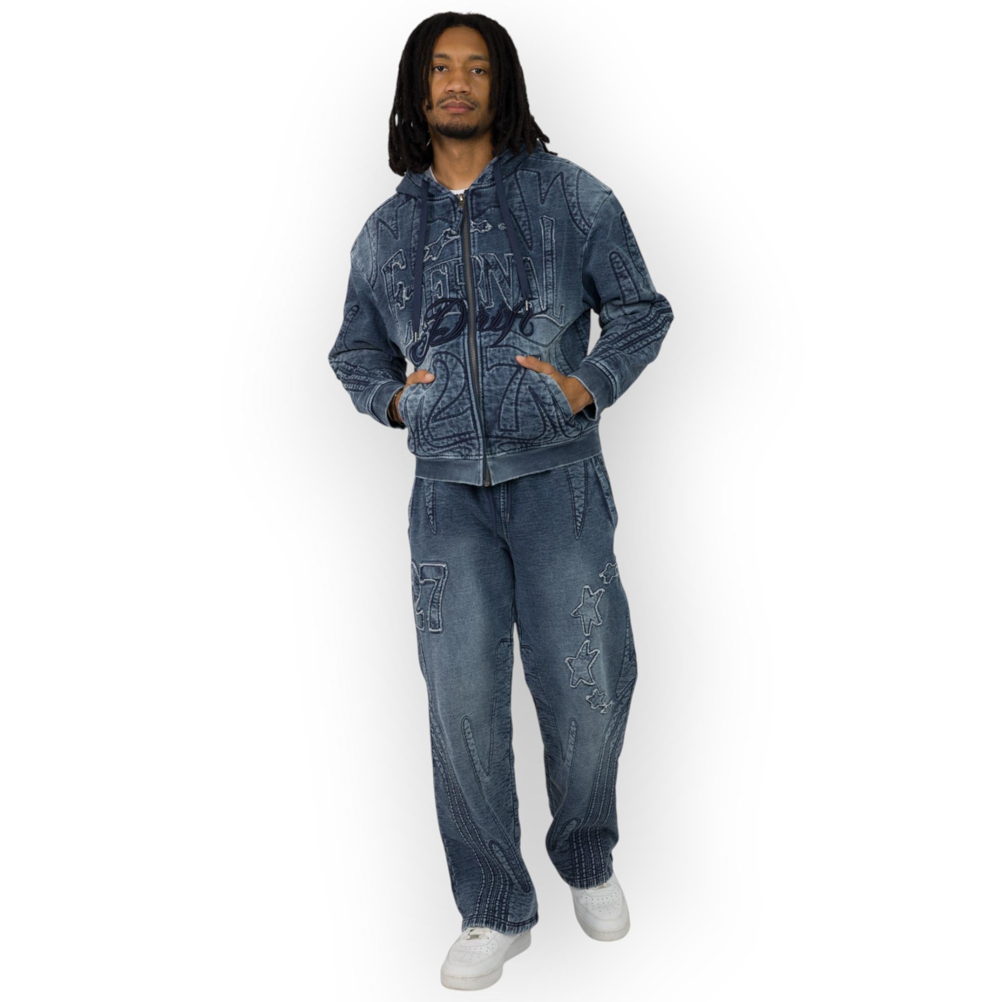 Smoke Rise Men Denim Embossed Fleece Zip-Up Hoodie (Finn Blue)
