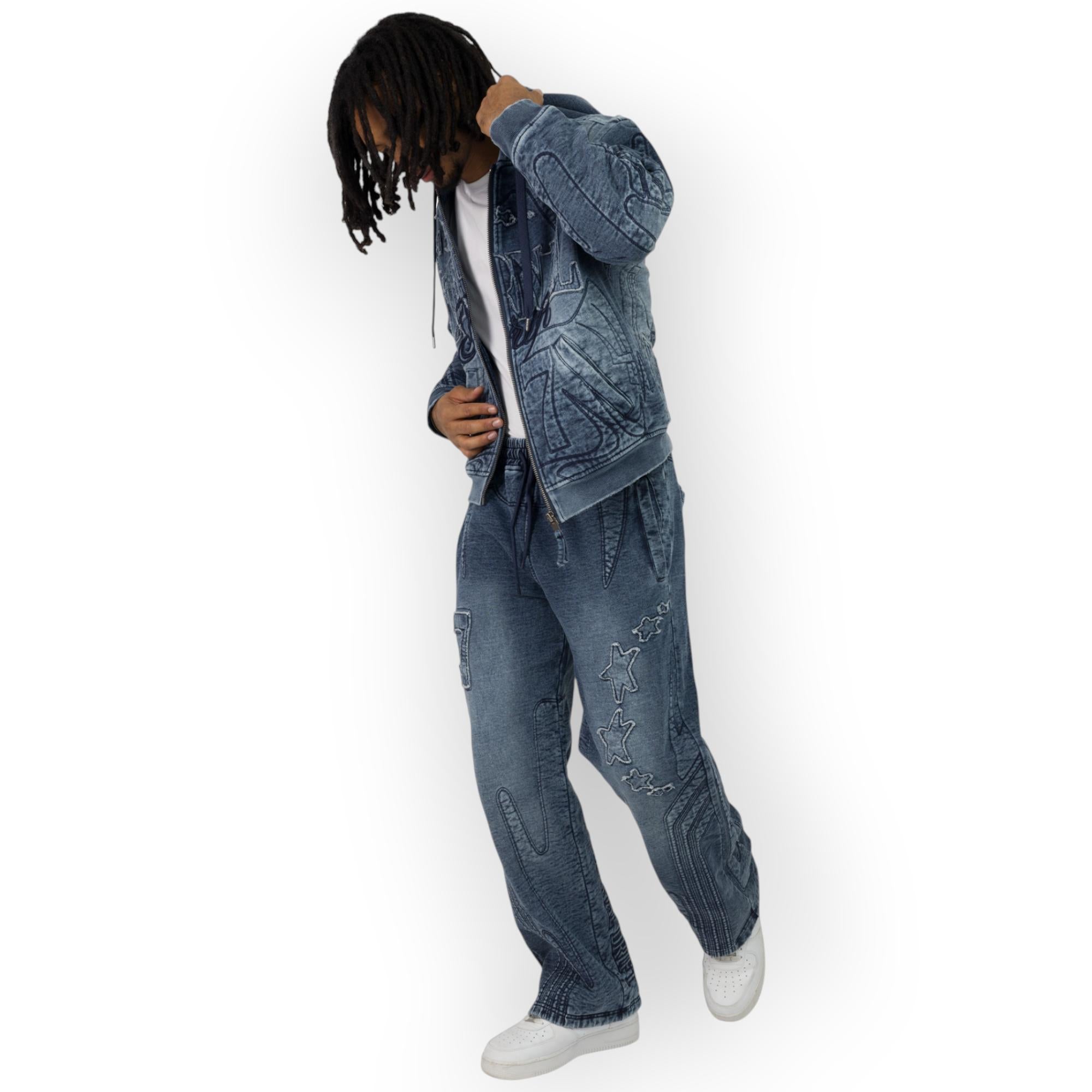 Smoke Rise Men Denim Embossed Fleece Zip-Up Hoodie (Finn Blue)