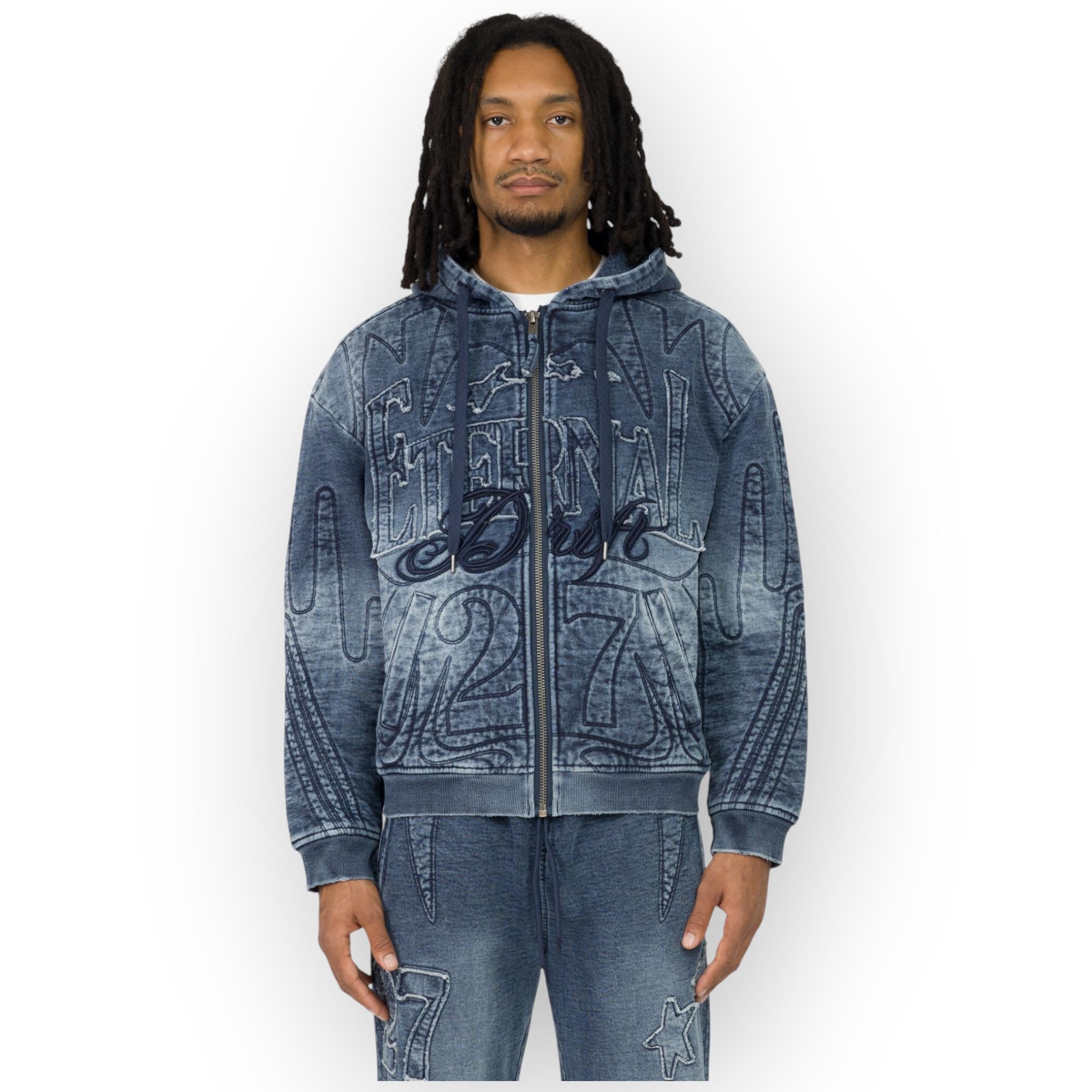 パンツ PHENOMENON Fleece-Trimmed Zip Denim Smoke Rise Men Denim Embossed Fleece Zip-Up Hoodie (Finn Blue)