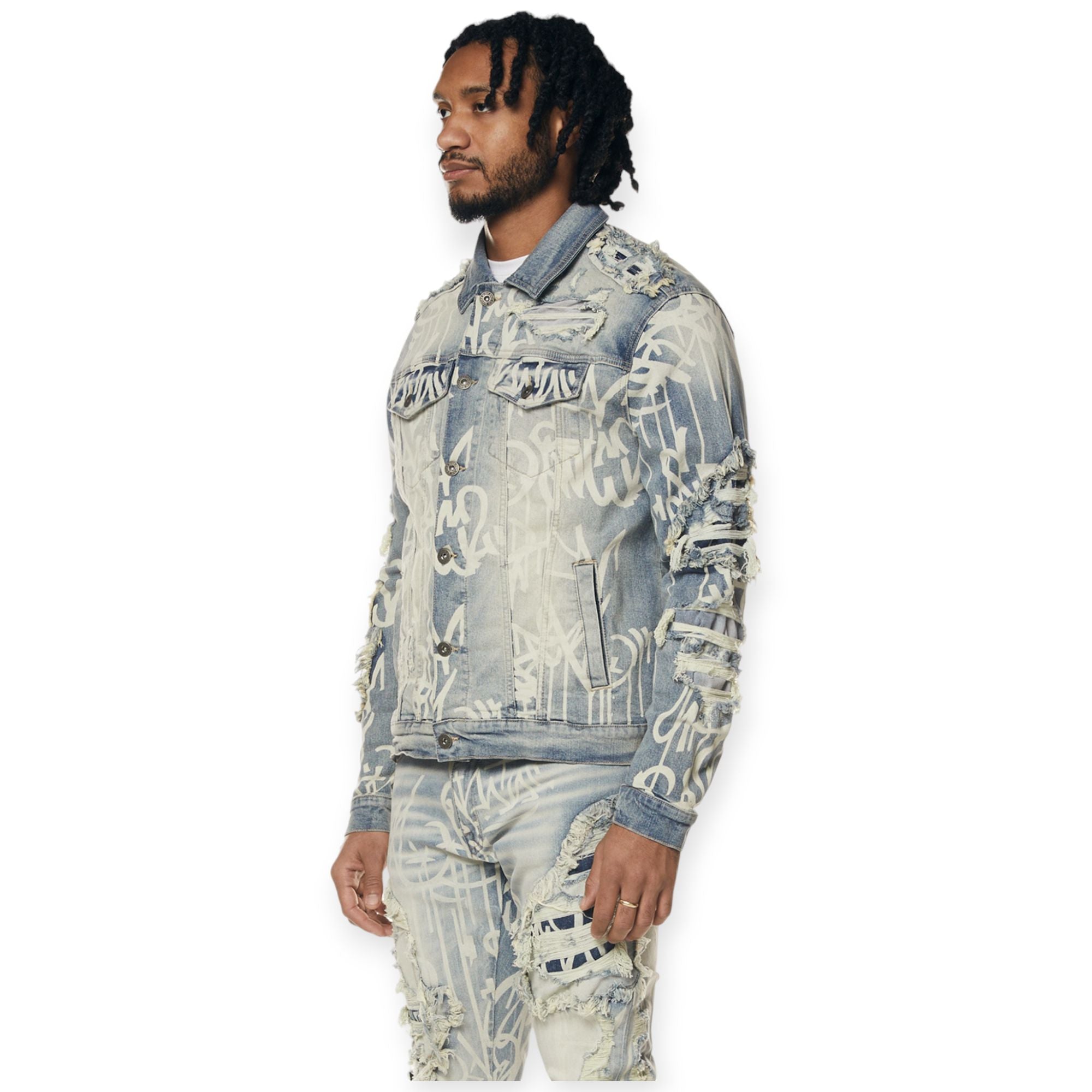 Smoke Rise Men Doodle Denim Jacket(Nassau Blue)-Nexus Clothing