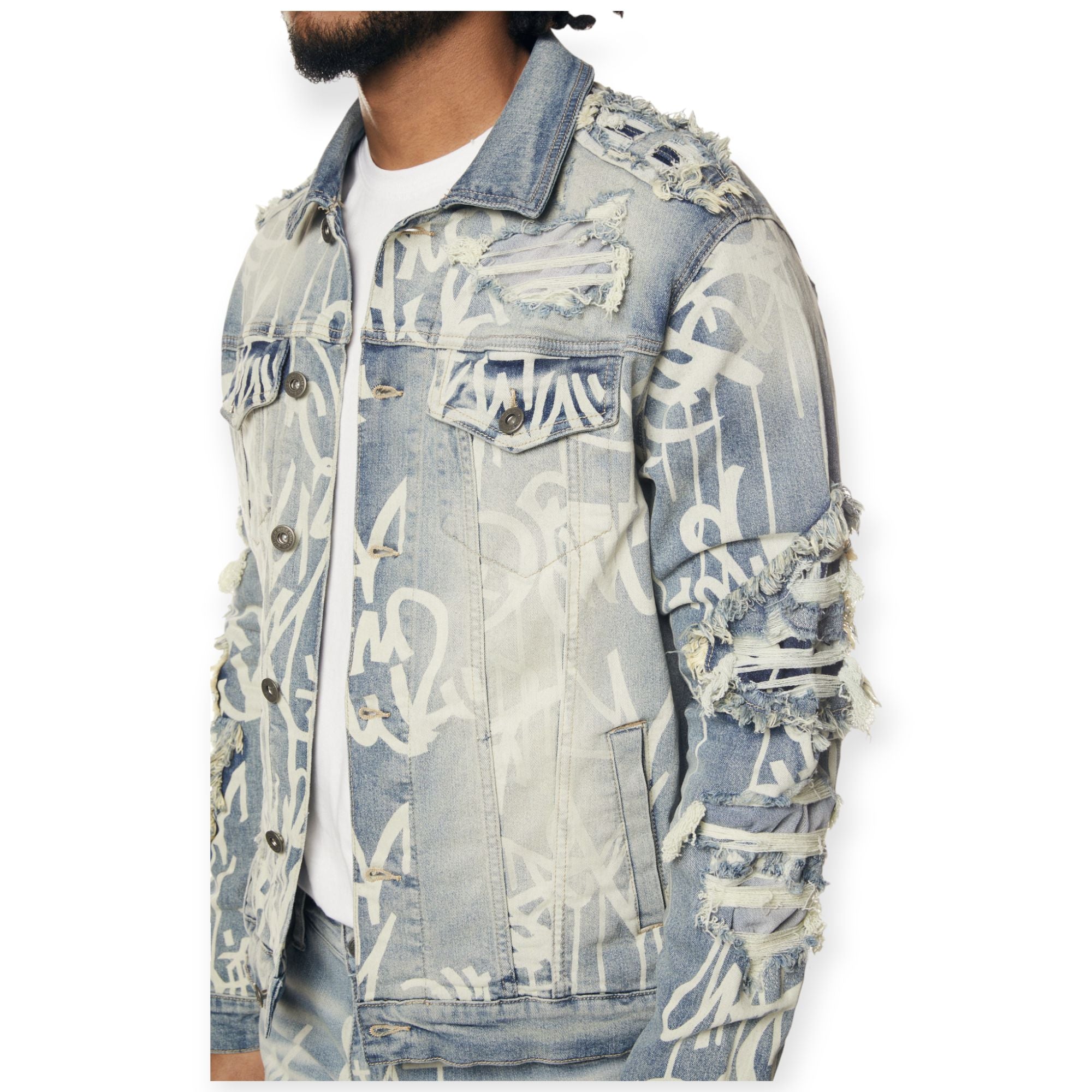 Smoke Rise Men Doodle Denim Jacket(Nassau Blue)-Nexus Clothing