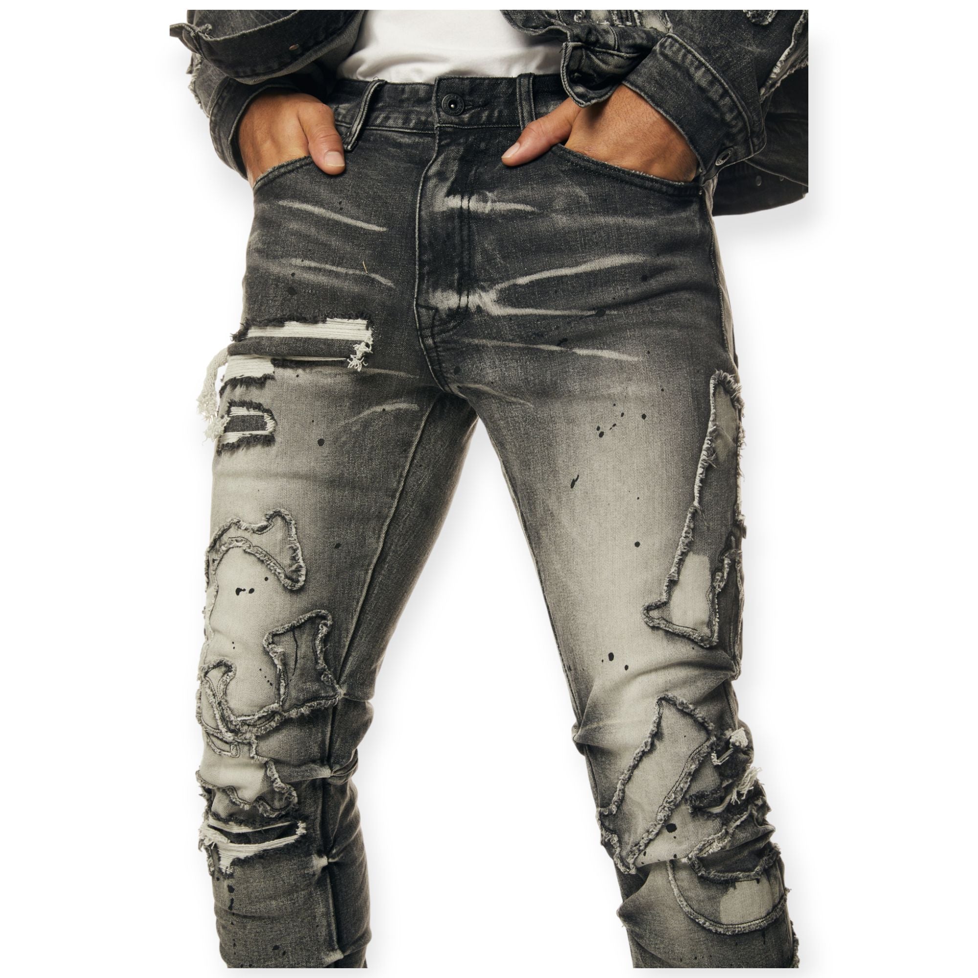 Smoke Rise Men Rip Off Letter Jeans(Black Lava)-Nexus Clothing