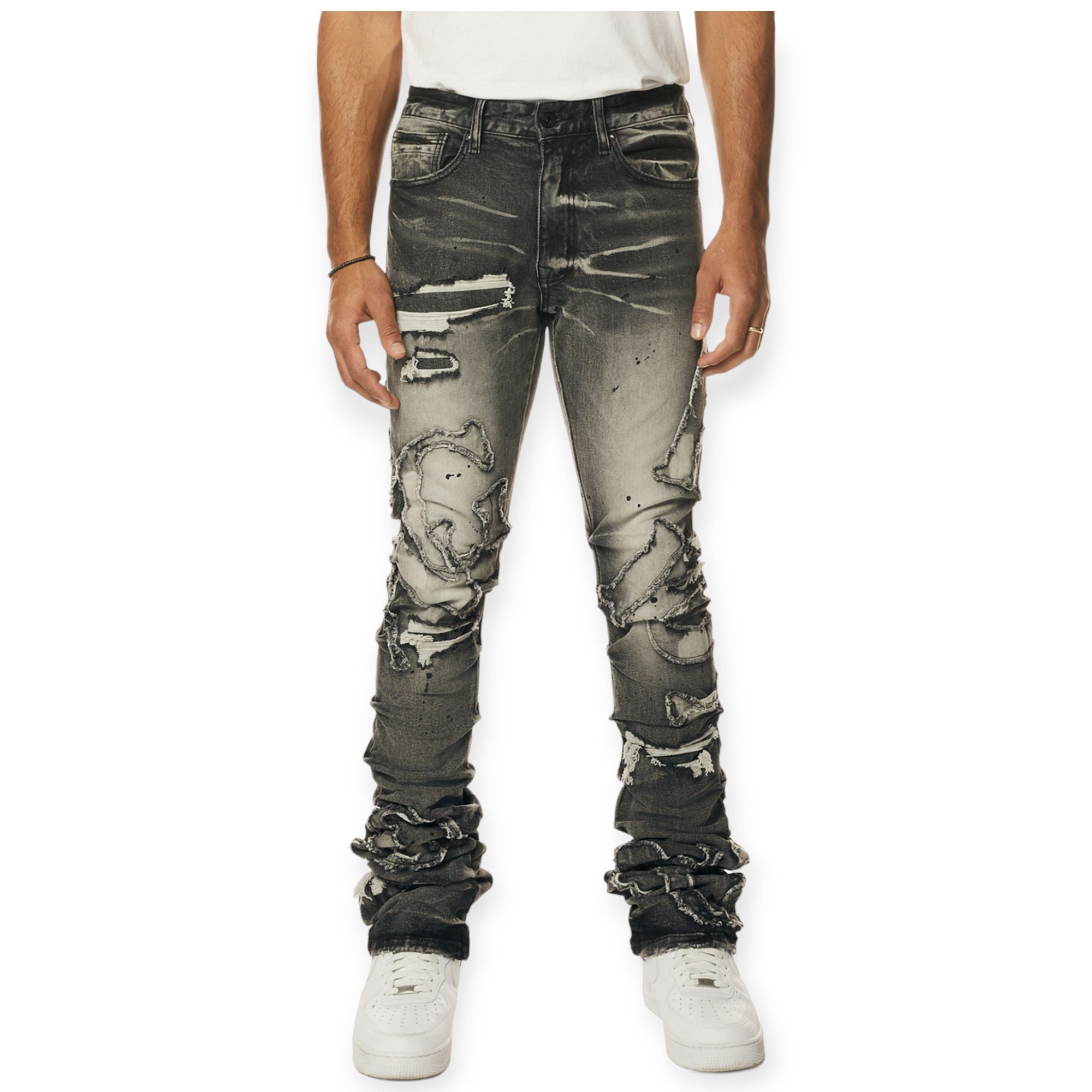 Smoke Rise Men Rip Off Letter Jeans(Black Lava)-Black Lava-32W x 36L-Nexus Clothing