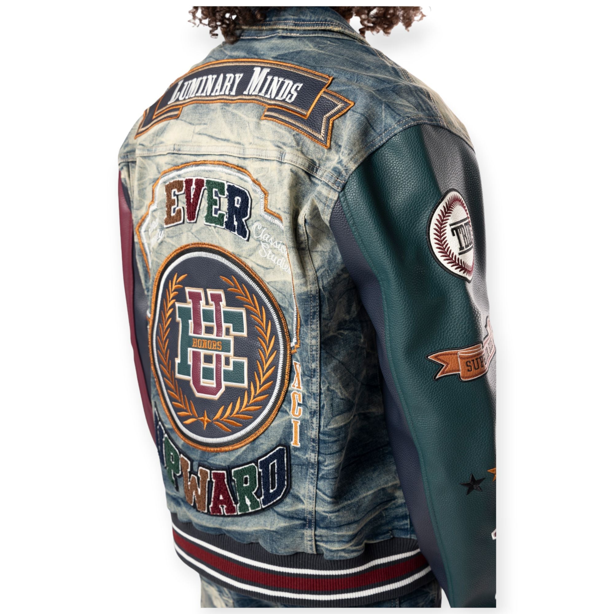 Smoke Rise Men Varsity PU Sleeve Denim Jacket (Alley Blue)-Nexus Clothing