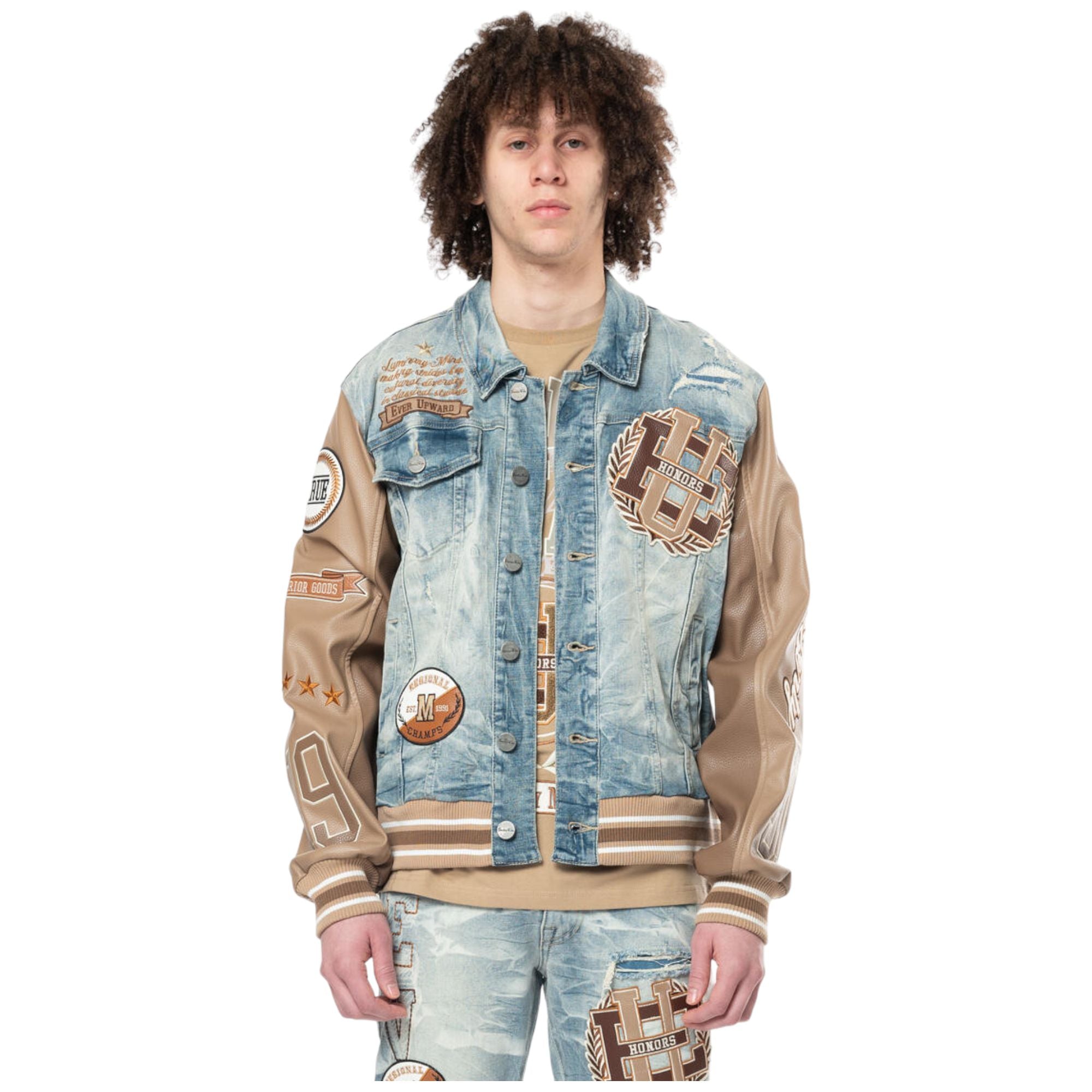 Smoke Rise Men Varsity PU Sleeve Denim Jacket (Clyde Blue)-Nexus Clothing