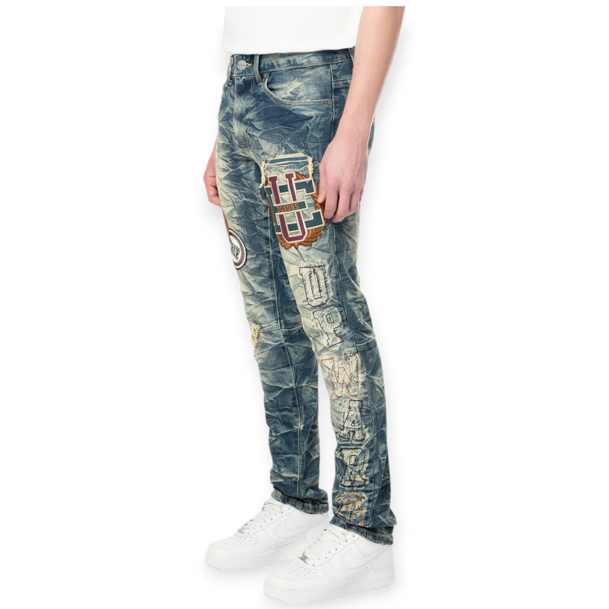 Smoke Rise Men Varsity Patch Jeans(Alley Blue)-Nexus Clothing