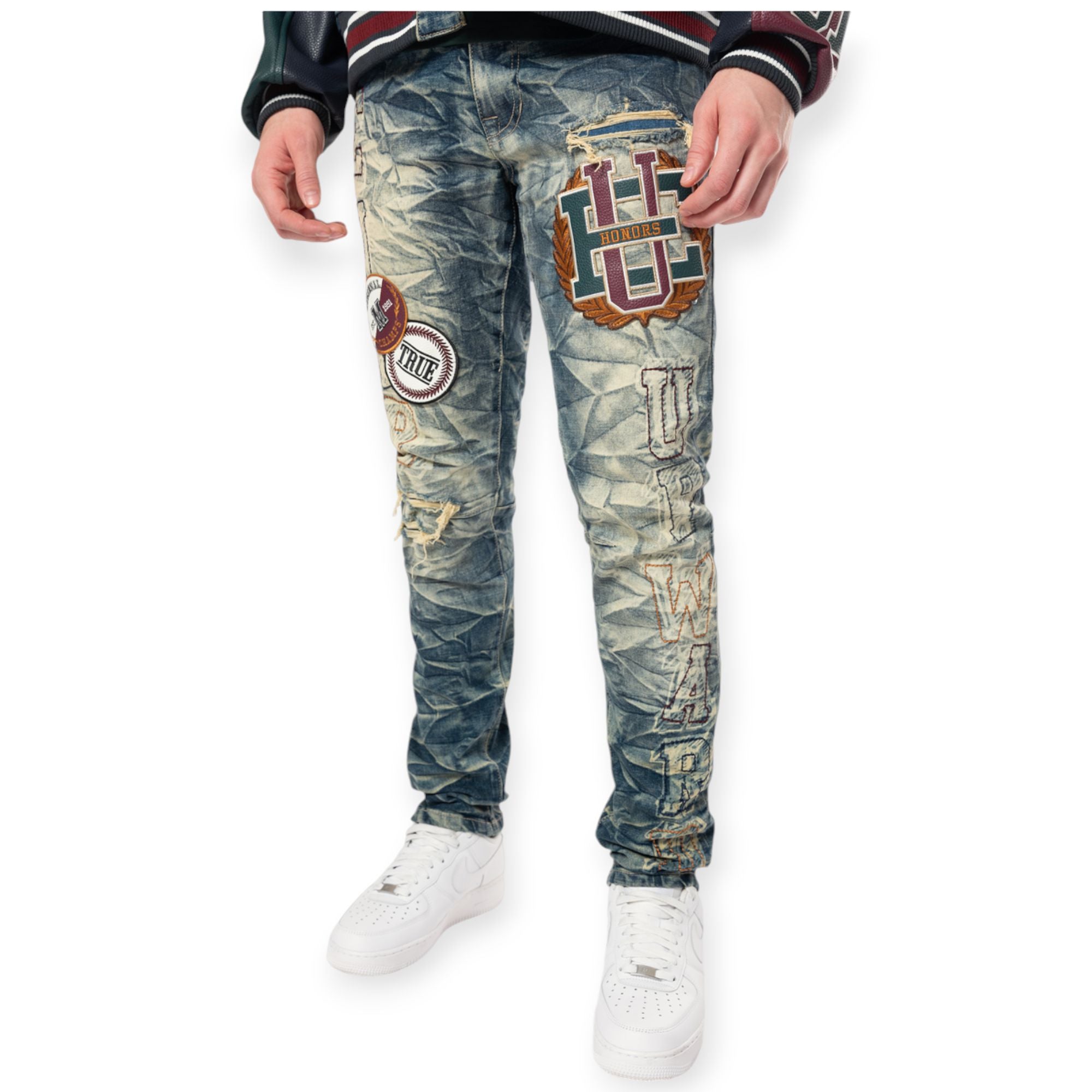 Smoke Rise Men Varsity Patch Jeans(Alley Blue)-Nexus Clothing