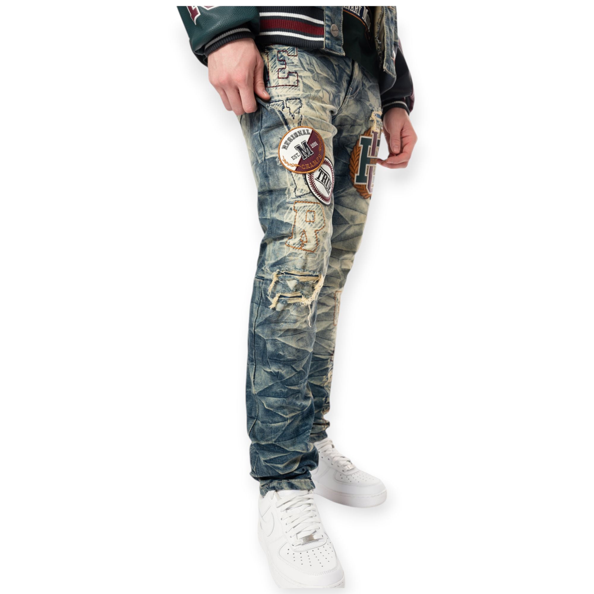 Smoke Rise Men Varsity Patch Jeans(Alley Blue)-Nexus Clothing