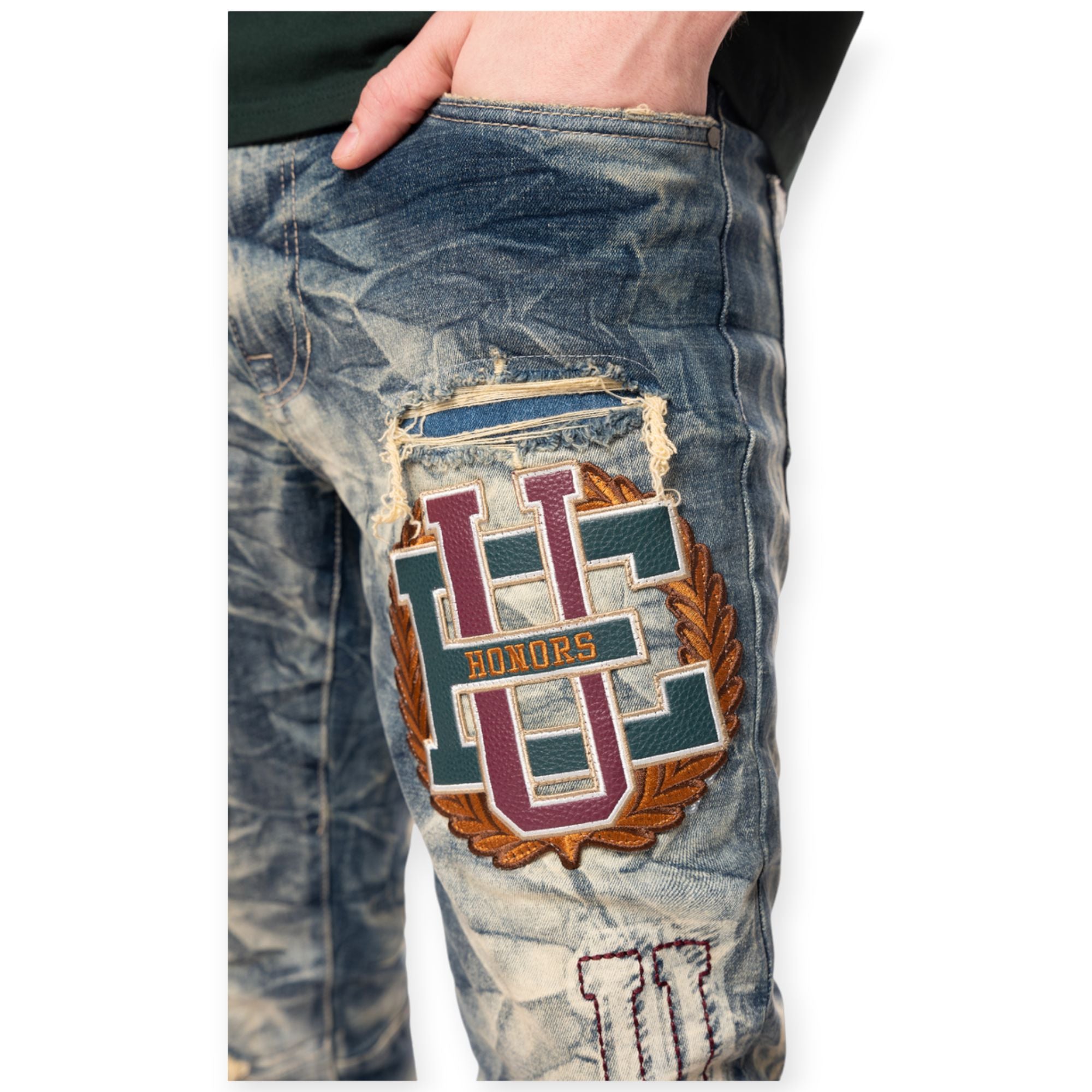 Smoke Rise Men Varsity Patch Jeans(Alley Blue)-Nexus Clothing