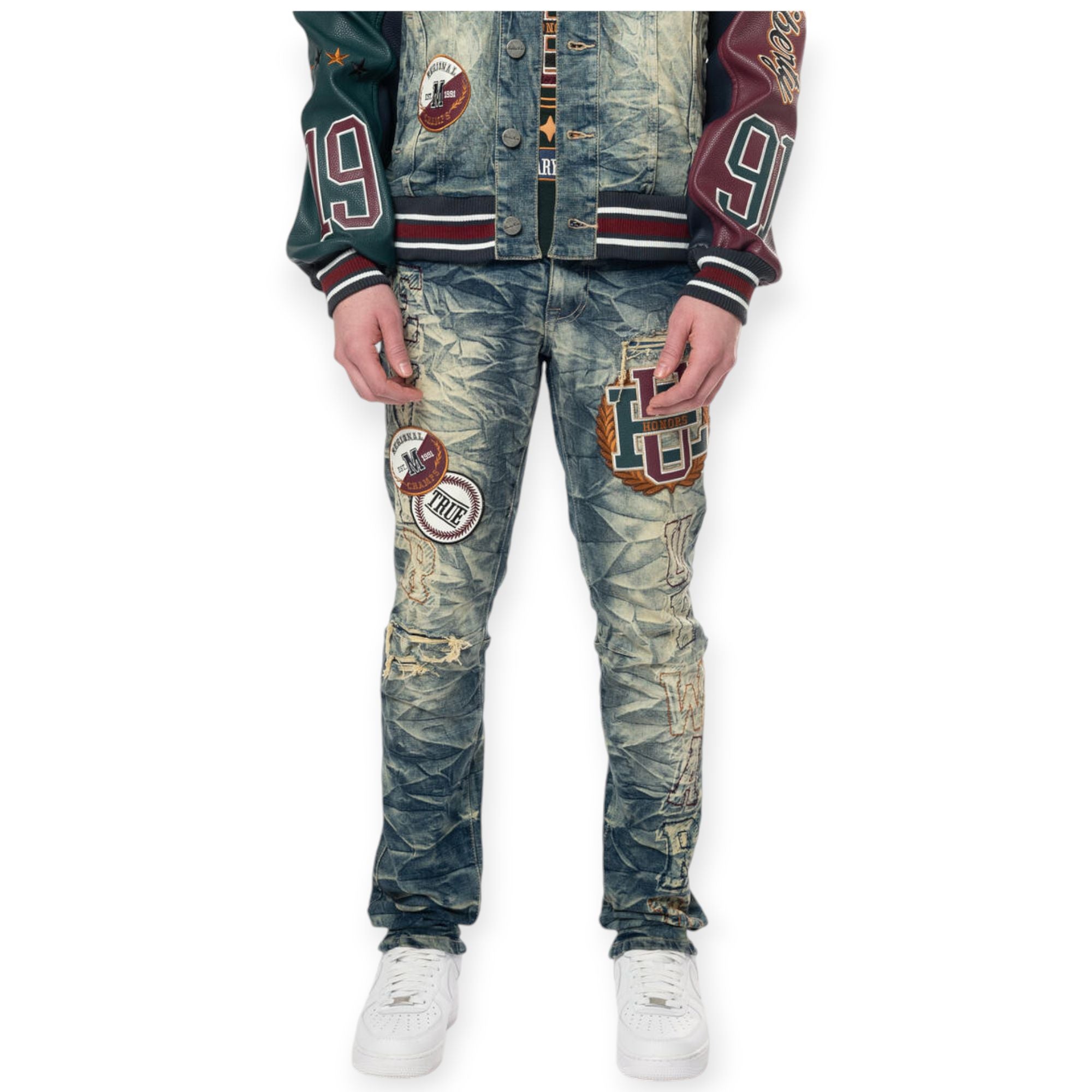 Smoke Rise Men Varsity Patch Jeans(Alley Blue)-Alley Blue-32W X 32L-Nexus Clothing