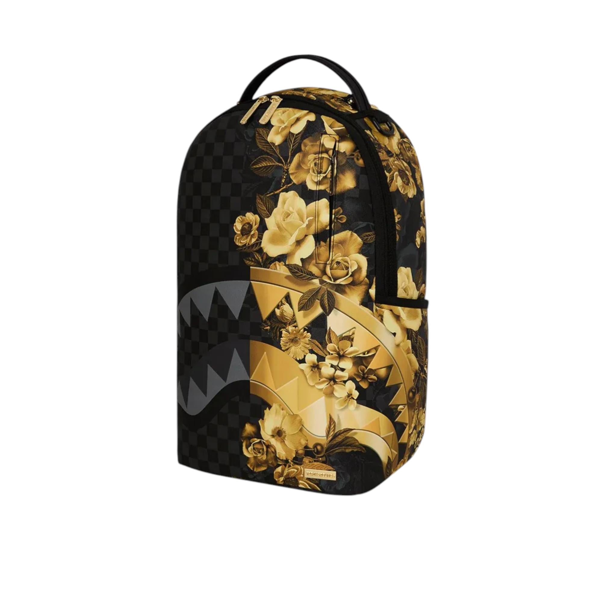 SprayGround Men Gold Floral Remix DLXSV Backpack Black Gold