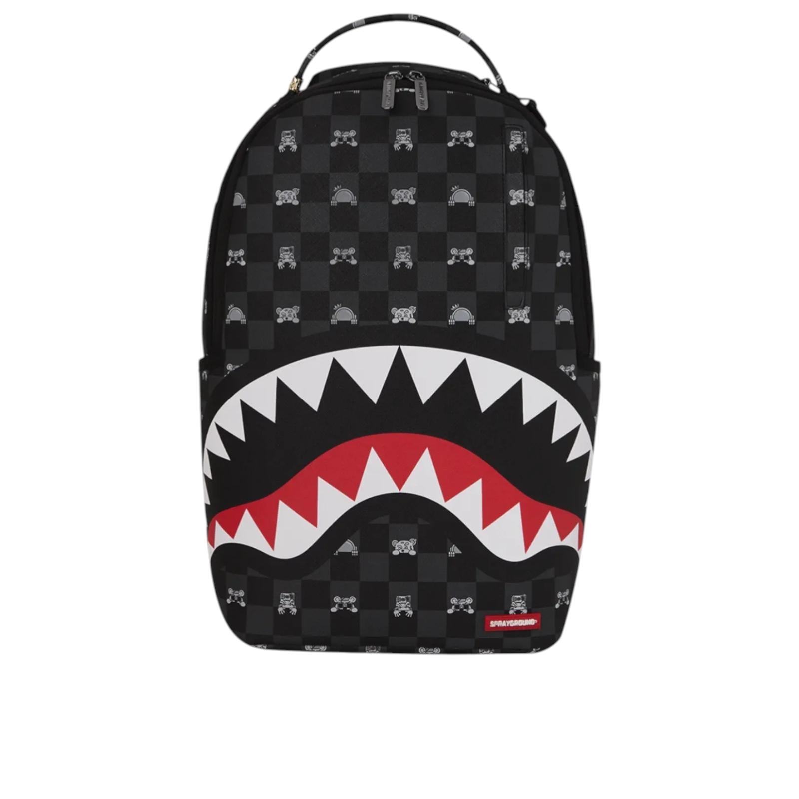 SprayGround Men Grey Peeking Character Check Backpack Black Grey
