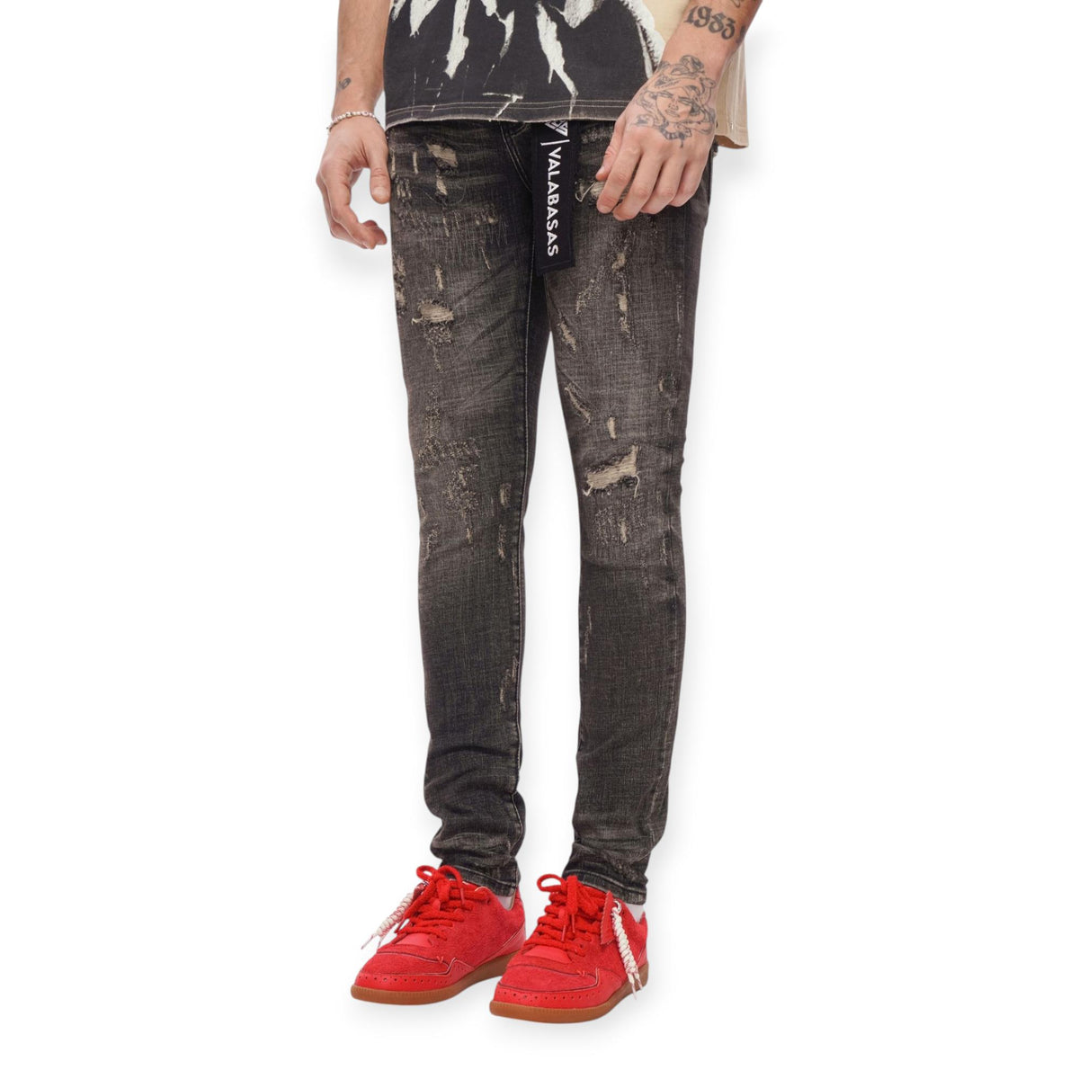 Valabasas Men Collage Skinny Denim Jeans Grey Vintage