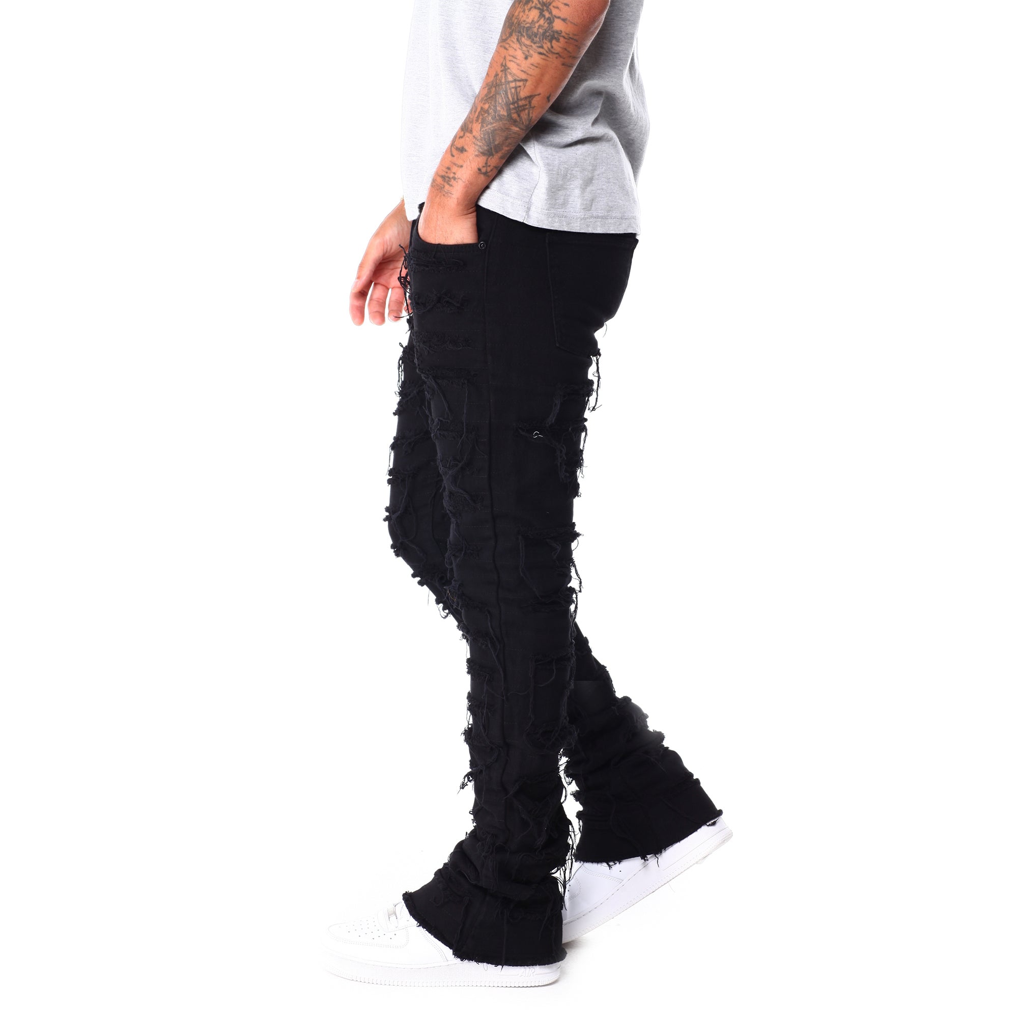 WaiMea Men Frayed Bottom Stacked Jeans (Jet Black)-Nexus Clothing