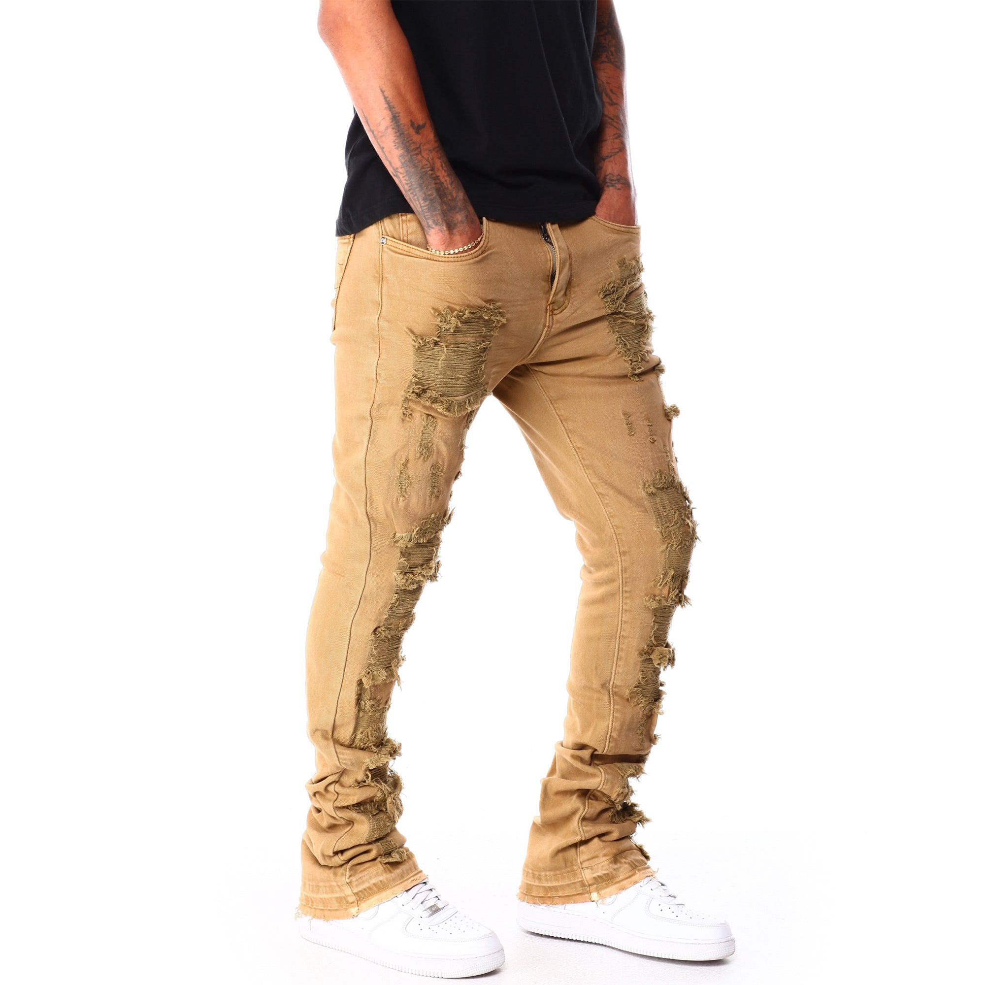 WaiMea Men Garment Dye Stacked Fit Jeans (Khaki)-Nexus Clothing