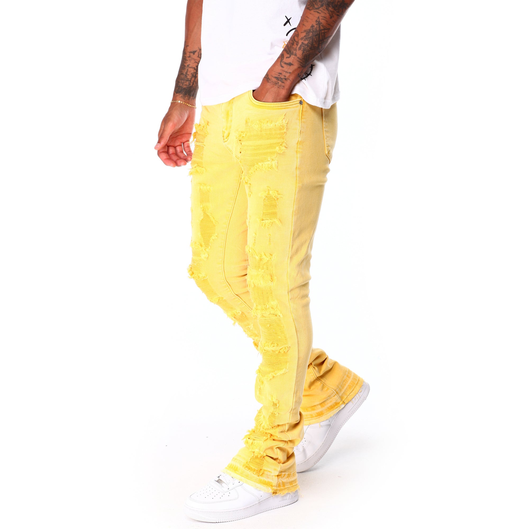 WaiMea Men Garment Dye Stacked Fit Jeans (Yellow) 3