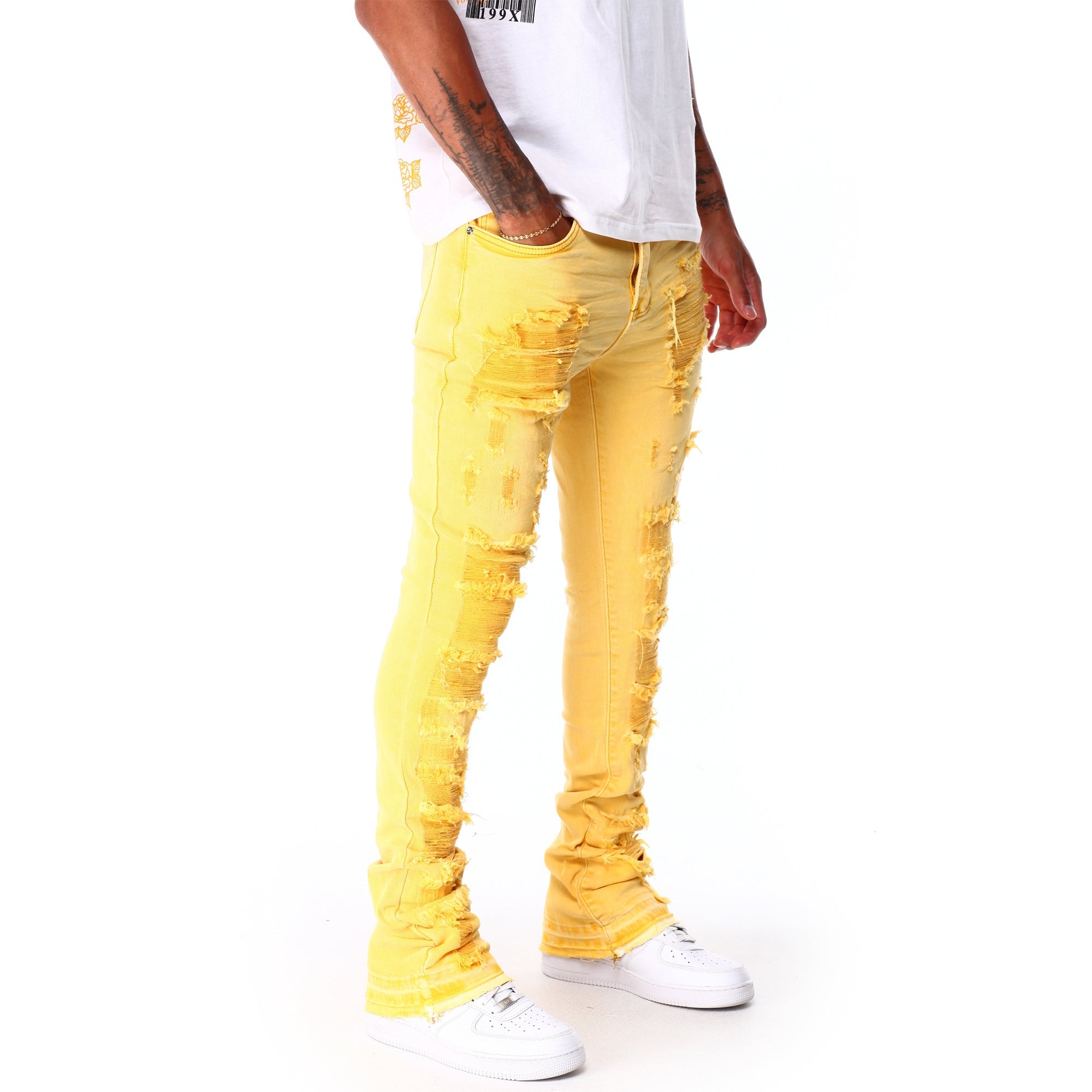 WaiMea Men Garment Dye Stacked Fit Jeans (Yellow) 4