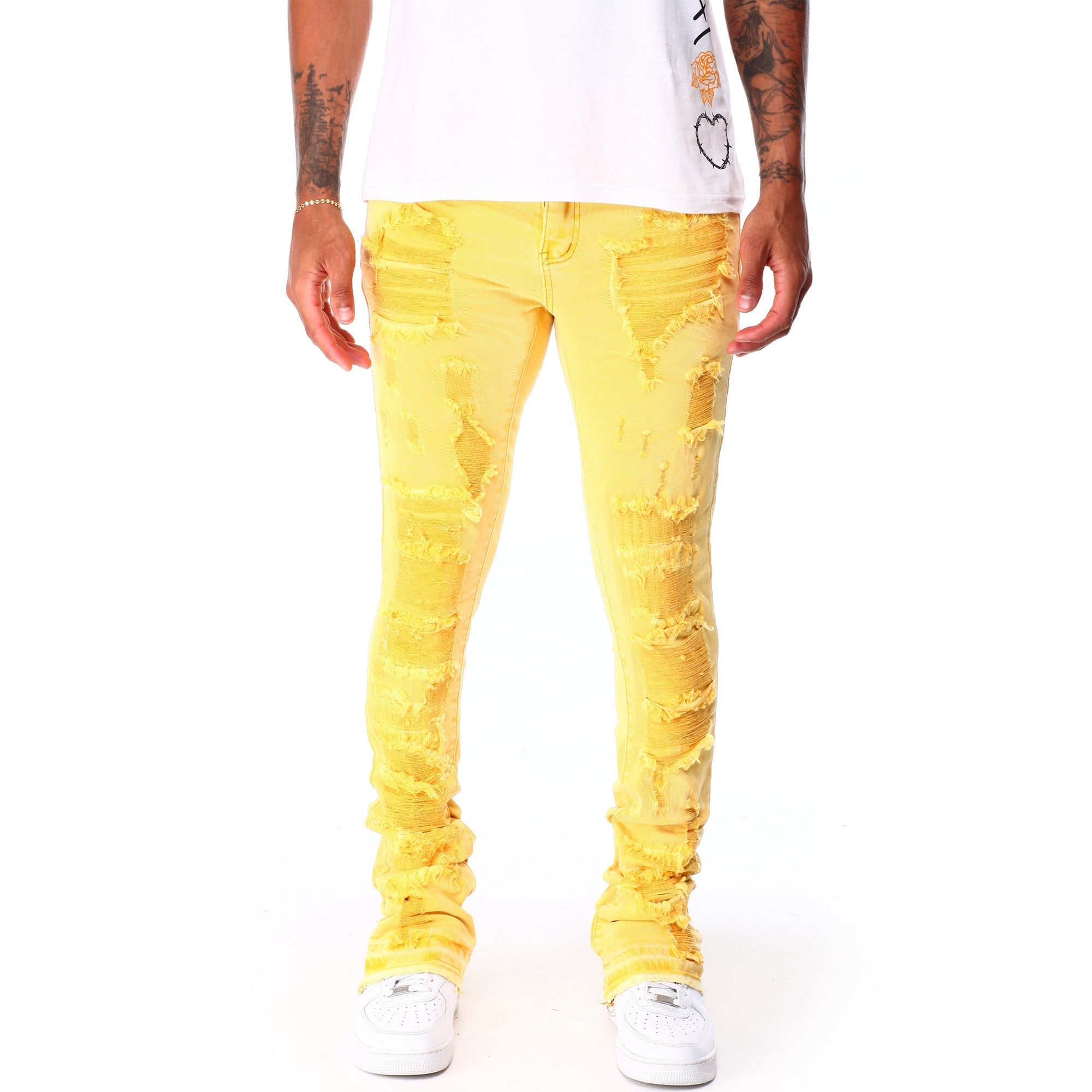 WaiMea Men Garment Dye Stacked Fit Jeans (Yellow) 1