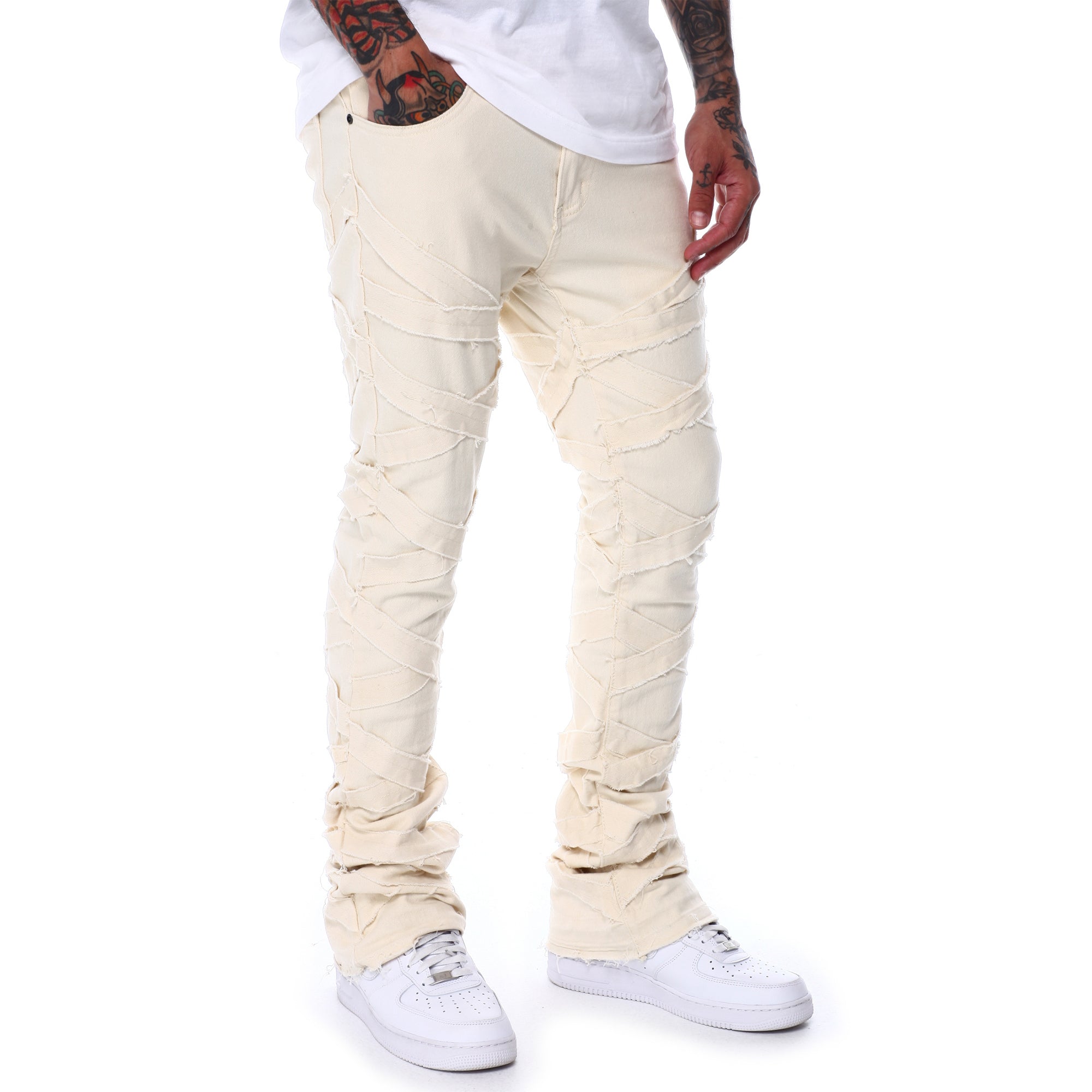 WaiMea Men Stitched Pattern Stacked Jeans (Bone)-Nexus Clothing