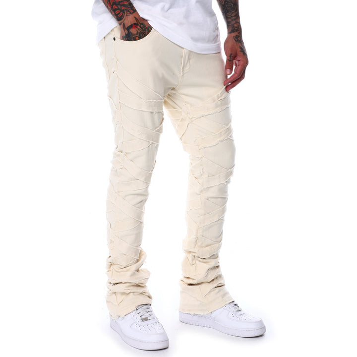 WaiMea Men Stitched Pattern Stacked Jeans (Bone)-Nexus Clothing