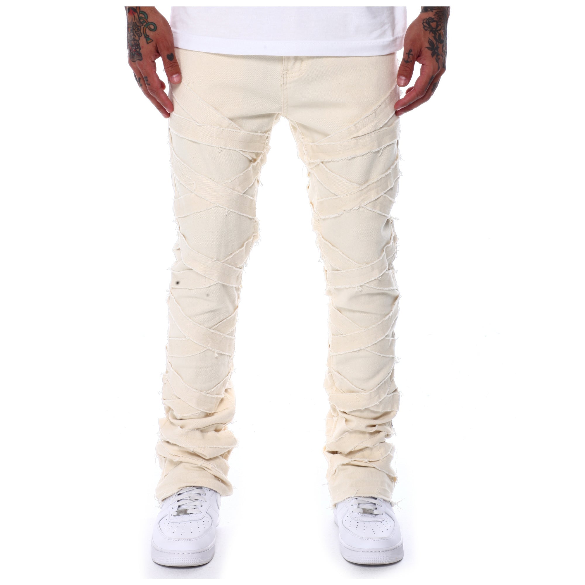 WaiMea Men Stitched Pattern Stacked Jeans (Bone)-Bone-28W x 36L-Nexus Clothing