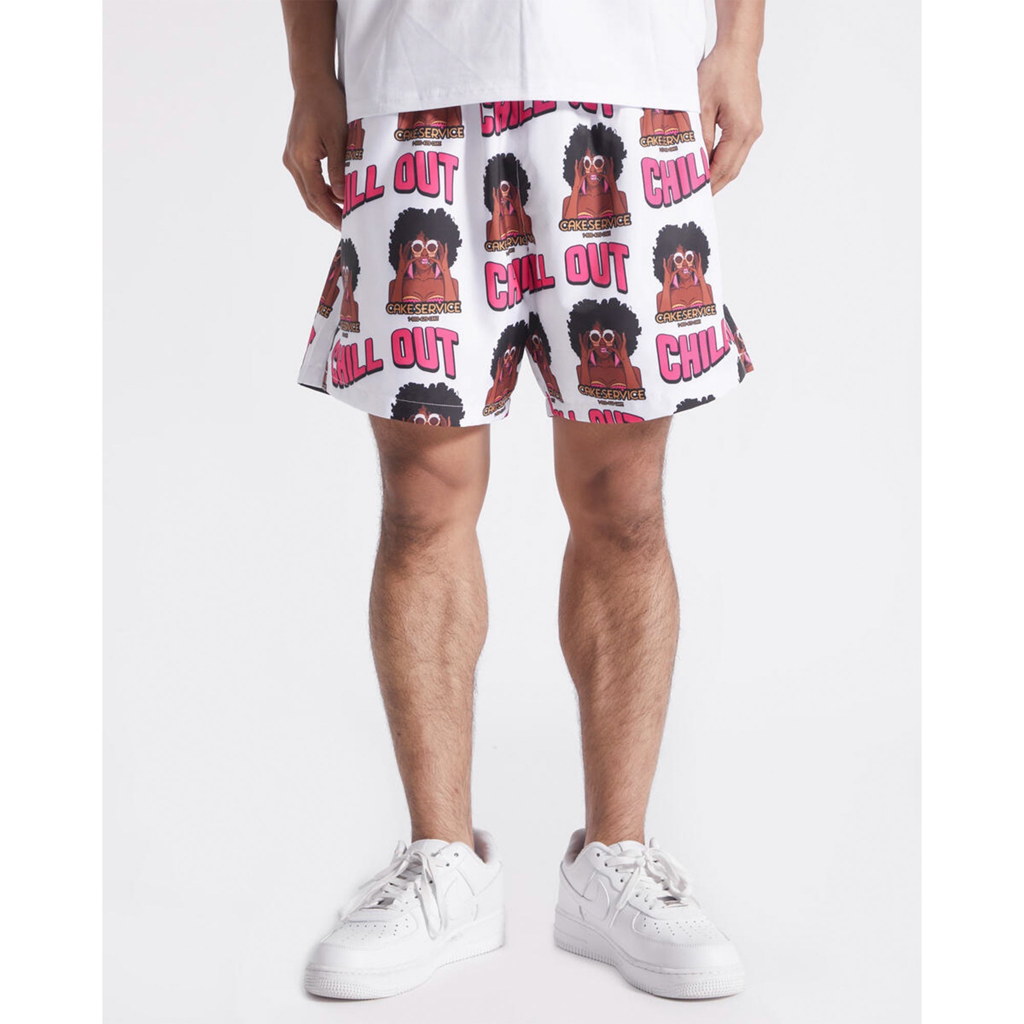 Wedding Cake Men Chill Out Nylon AOP Shorts (White)-Nexus Clothing