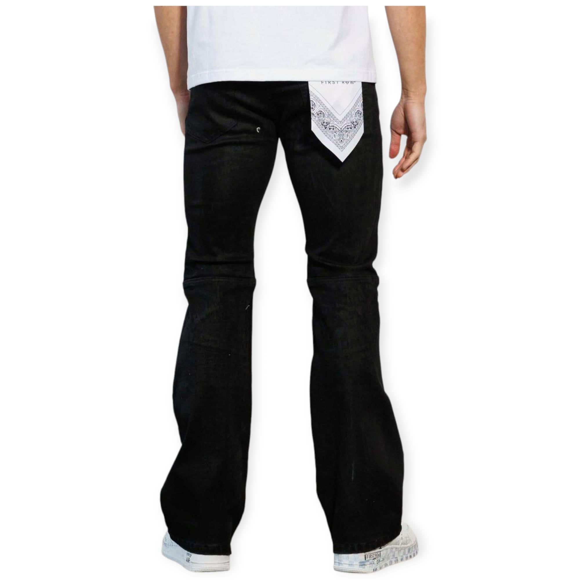 FirstRow Men RIP&REPAIR Bottom Metal Snap Opening Slim Flare Denim Jeans (Black)-Nexus Clothing