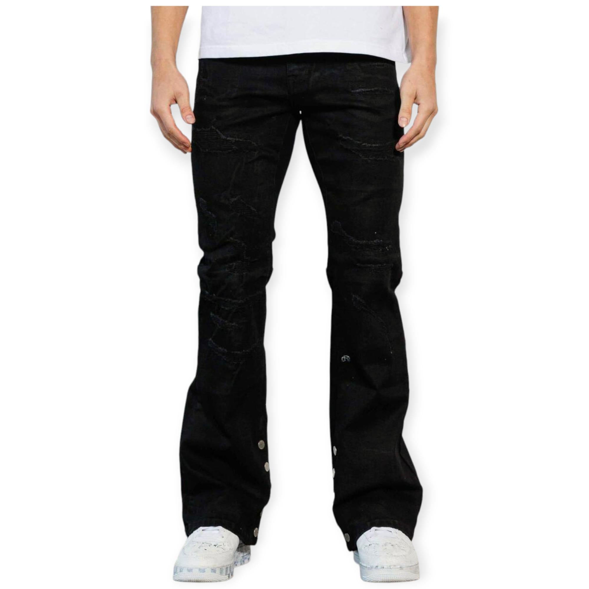 FirstRow Men RIP&REPAIR Bottom Metal Snap Opening Slim Flare Denim Jeans (Black)