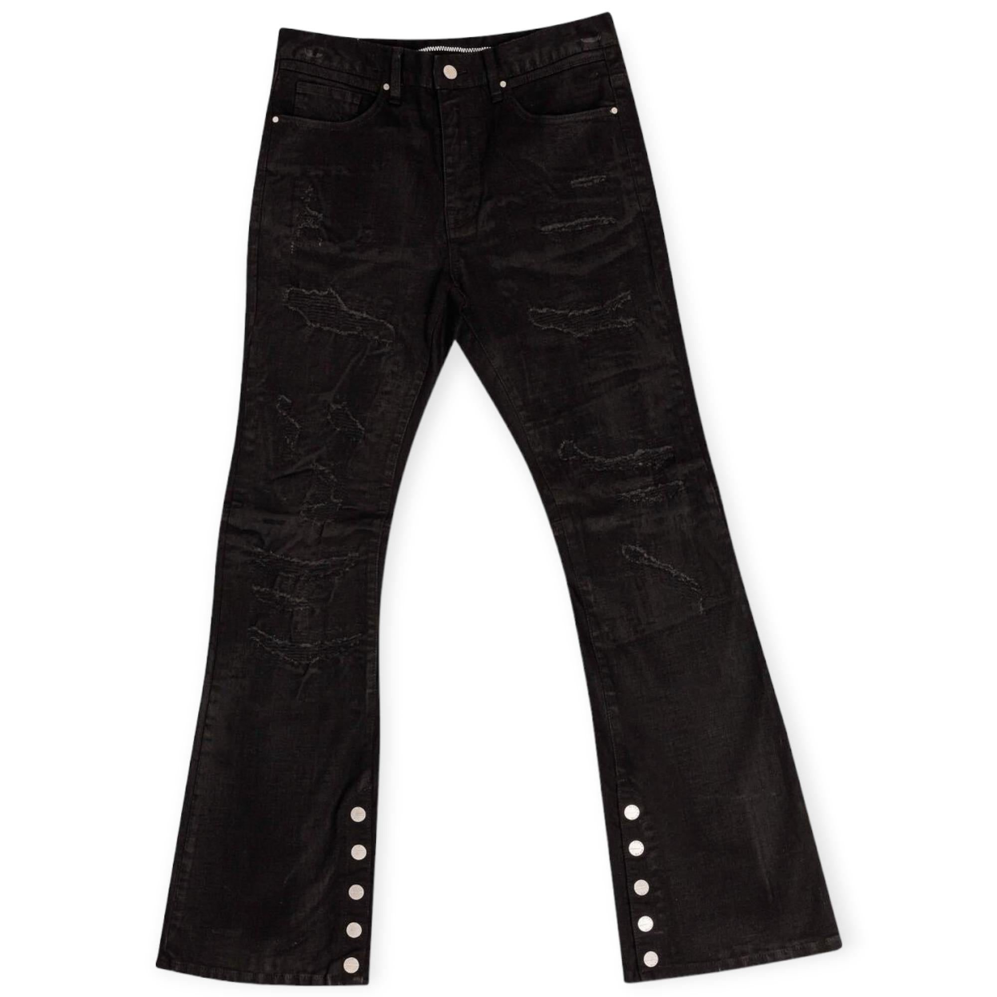 FirstRow Men RIP&REPAIR Bottom Metal Snap Opening Slim Flare Denim Jeans (Black)-Black-30W X 32L-Nexus Clothing