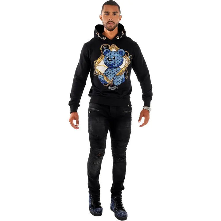 George V Men Teddy Hoodie (Black Baby Blue)-Nexus Clothing