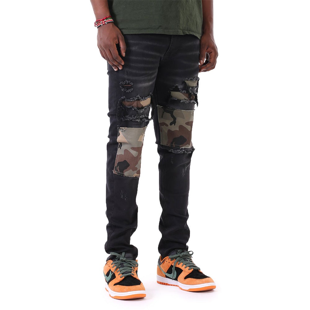 KDNK Men Camo Patched Jeans (Black)-Nexus Clothing