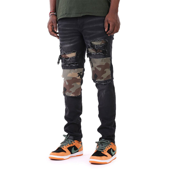 KDNK Men Camo Patched Jeans (Black)-Nexus Clothing