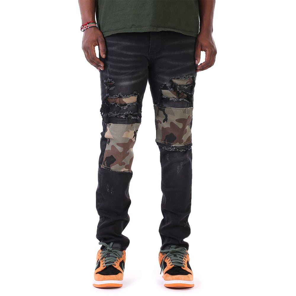 KDNK Men Camo Patched Jeans (Black)-Black-28W X 32L-Nexus Clothing