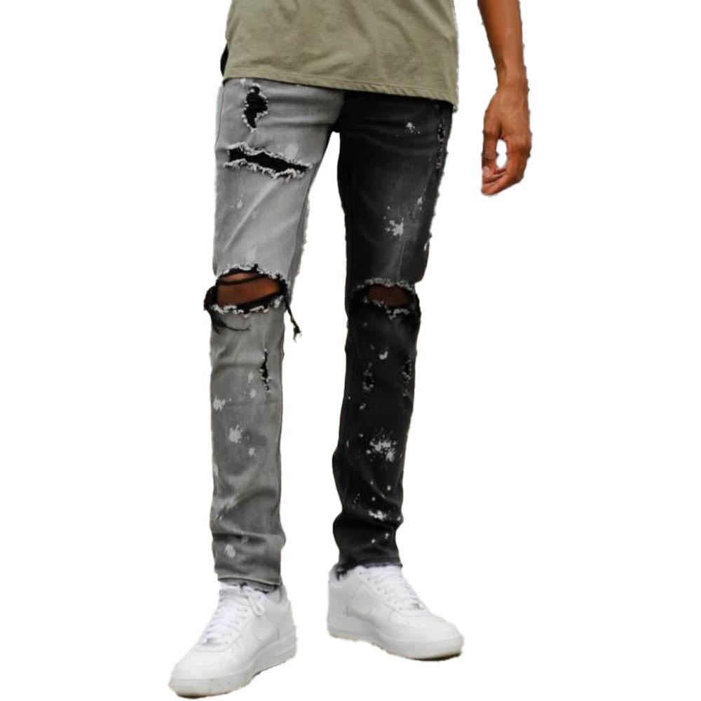 KDNK Men Contrast Bleached Destroyed Jeans (Black)-BLACK-32W X 32L-Nexus Clothing