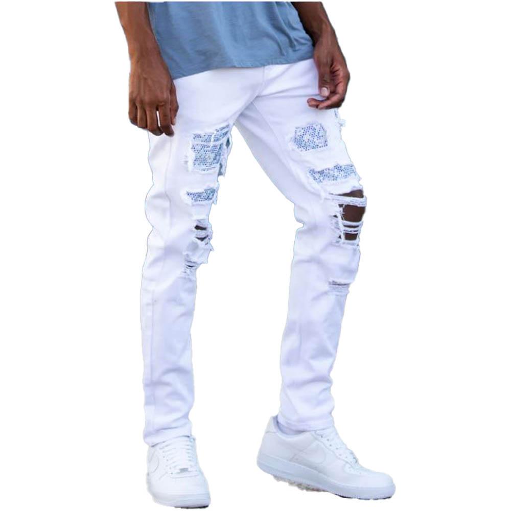 KDNK Men Multi Rhinestone Patched Twill Pants (White)-Nexus Clothing