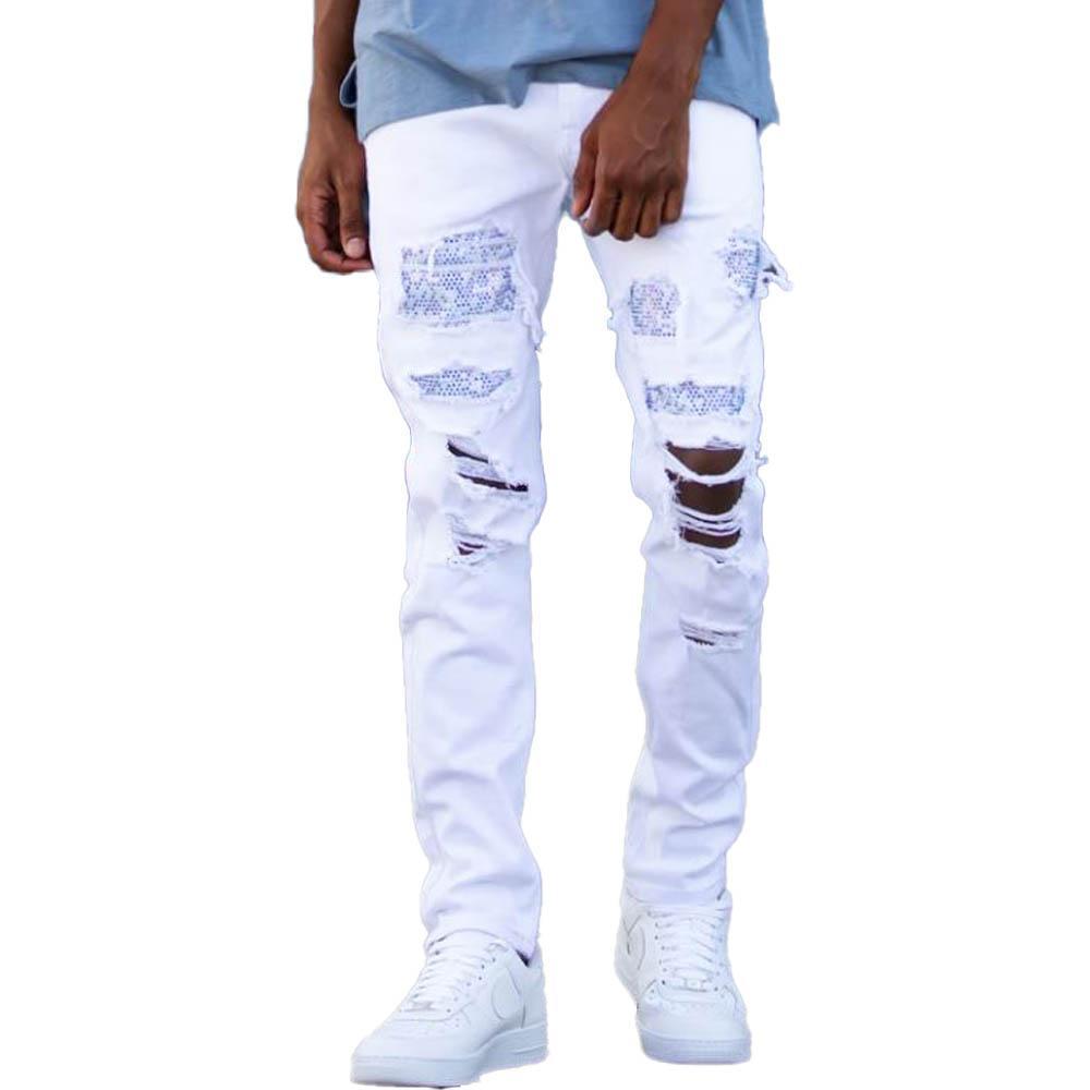 KDNK Men Multi Rhinestone Patched Twill Pants (White)-WHITE-32W X 32L-Nexus Clothing
