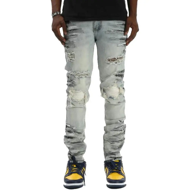 KDNK Men Smocked PU Jeans With Multi-Paint Splatter (Blue)-BLUE-32W X 32L-Nexus Clothing