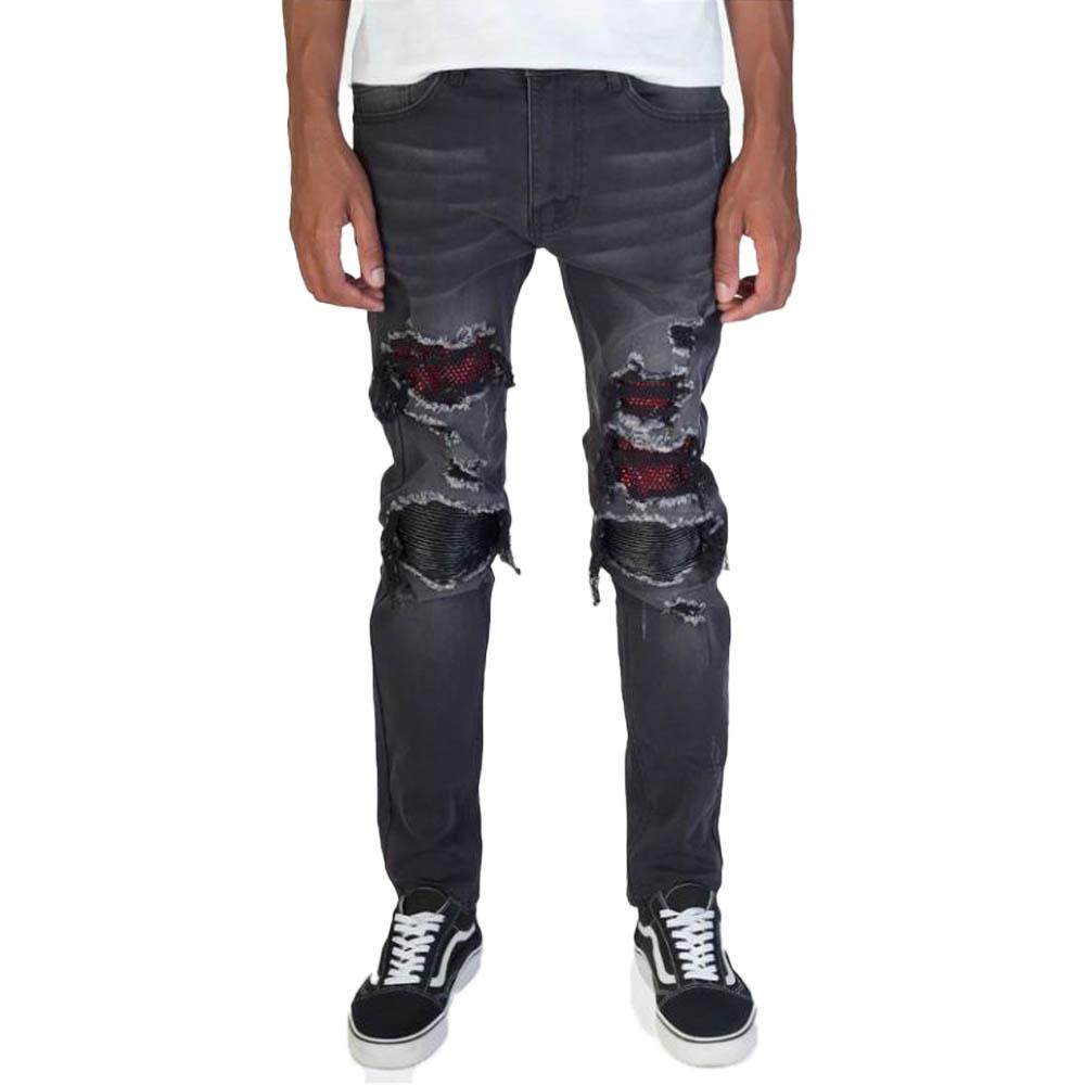 KDNK Rhinestones Patch & Smocked PU Jeans Black-Black-30W X 32L-Nexus Clothing