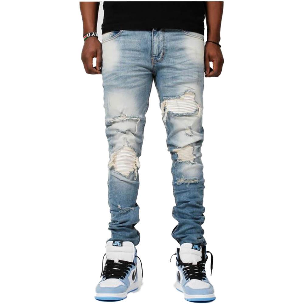KDNK Smocked PU Ankle Zip Jeans (Faded Blue)