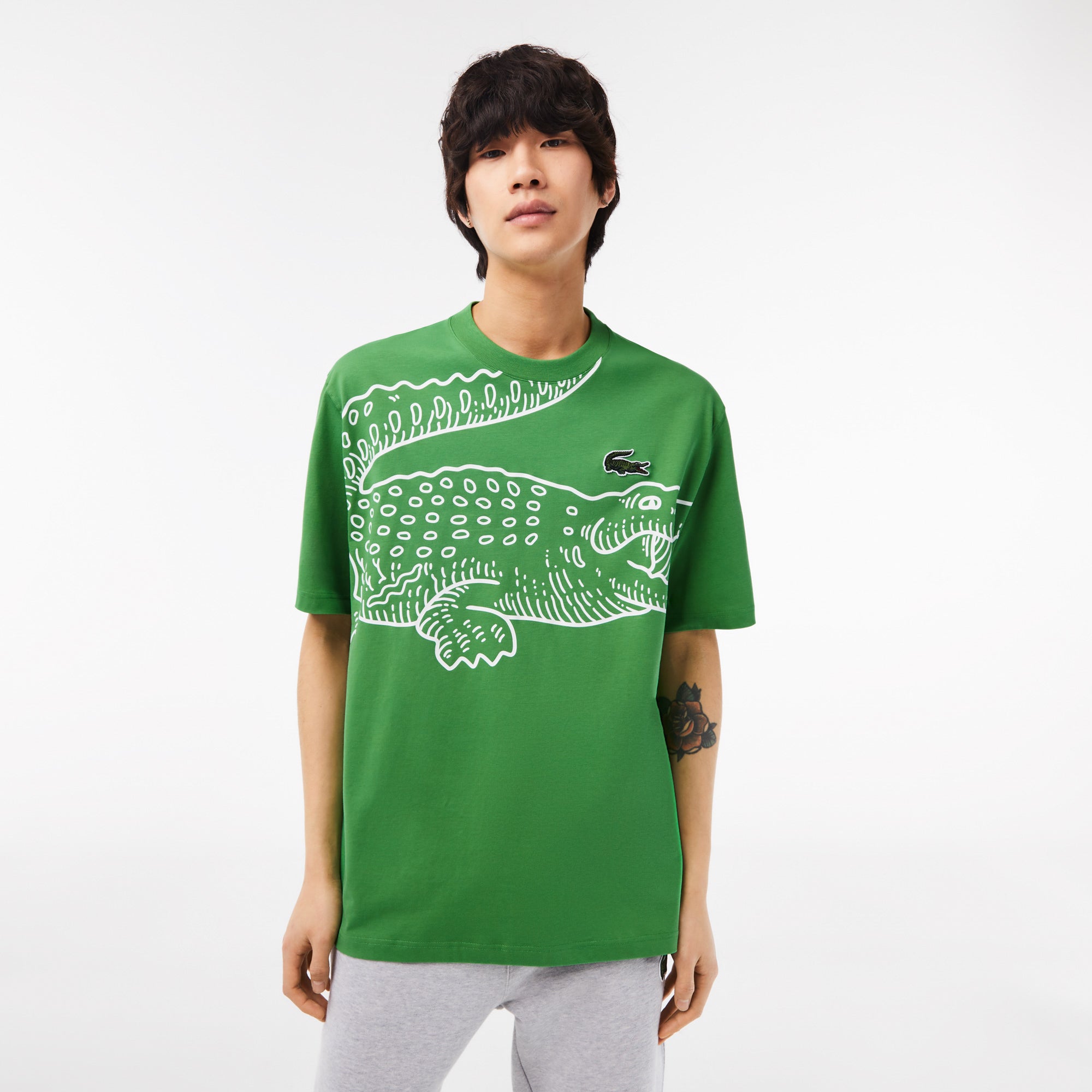 LACOSTE Men Round Neck Loose Fit Crocodile Print T-Shirt (Green)-Nexus Clothing