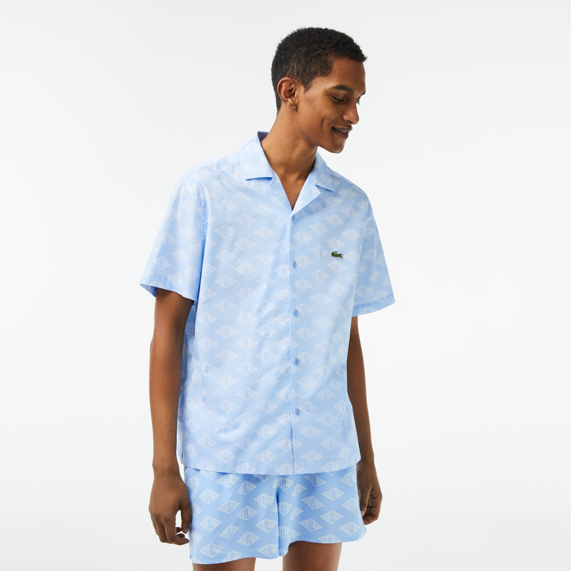 LACOSTE Men Short Sleeve Monogram Shirt (Blue White)-Nexus Clothing