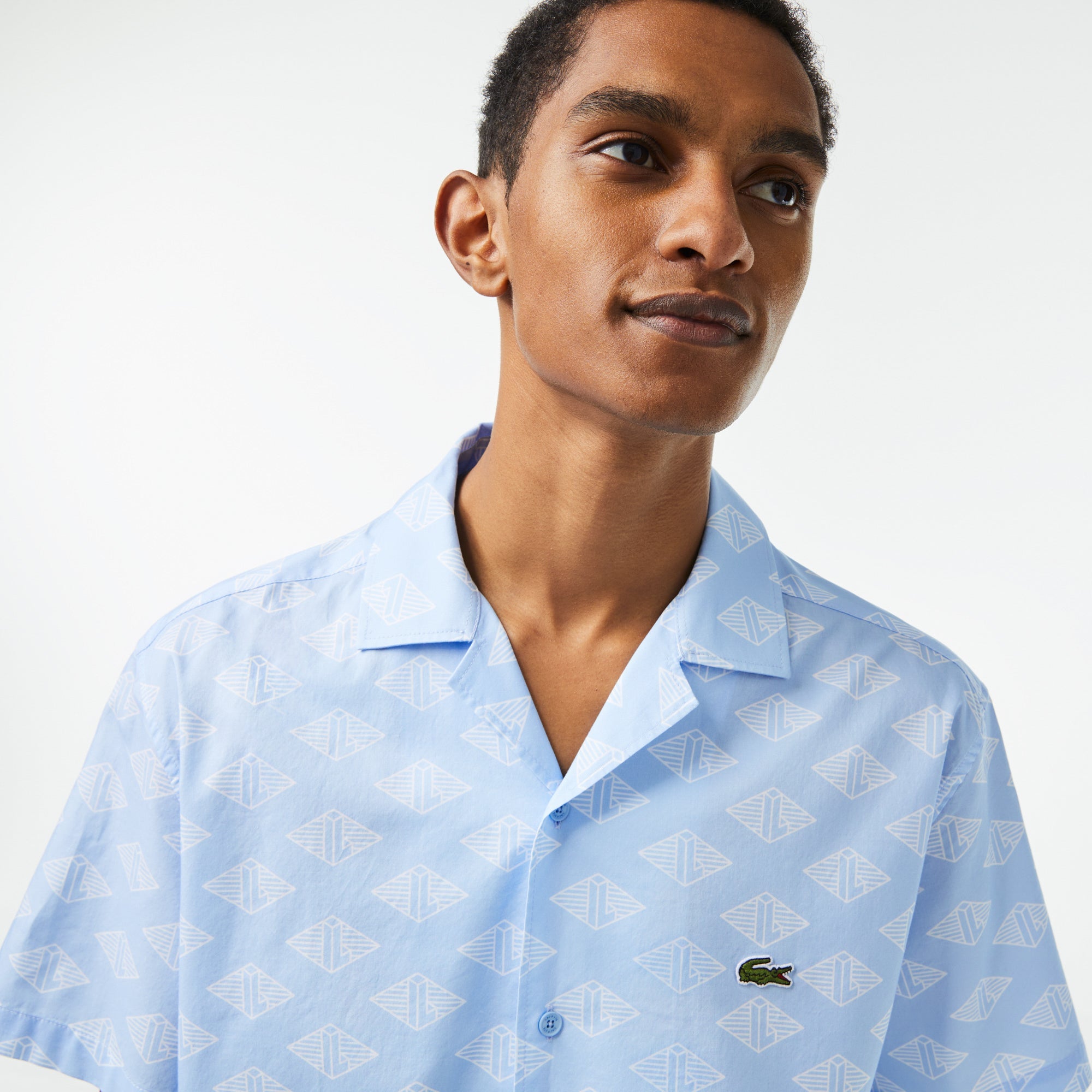 LACOSTE Men Short Sleeve Monogram Shirt (Blue White)4