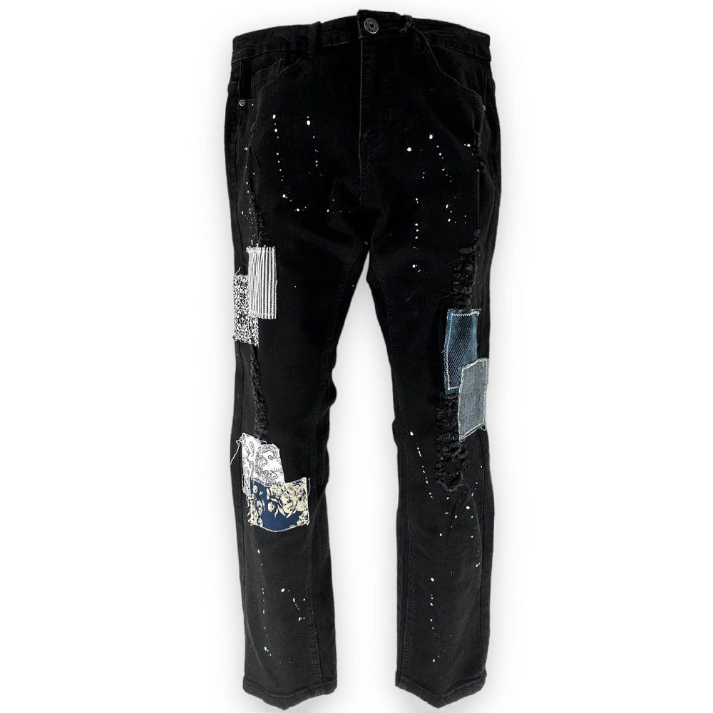 WaiMea Men Straight Skinny Patch Jeans (Jet Black)-Jet Black-40W X 32L-Nexus Clothing